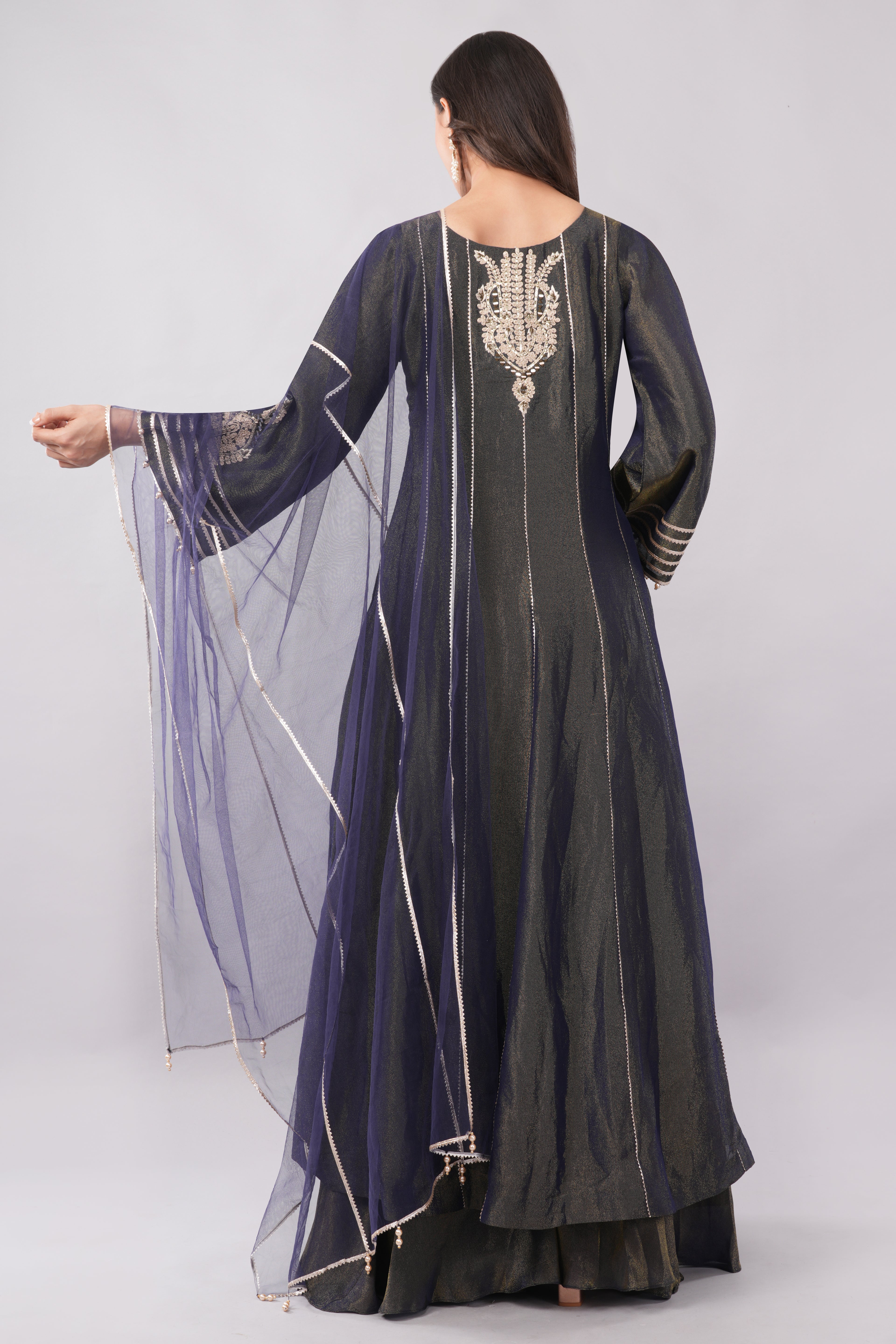 Elegant Midnight Navy Embroidered Anarkali Suit Set with Sheer Dupatta