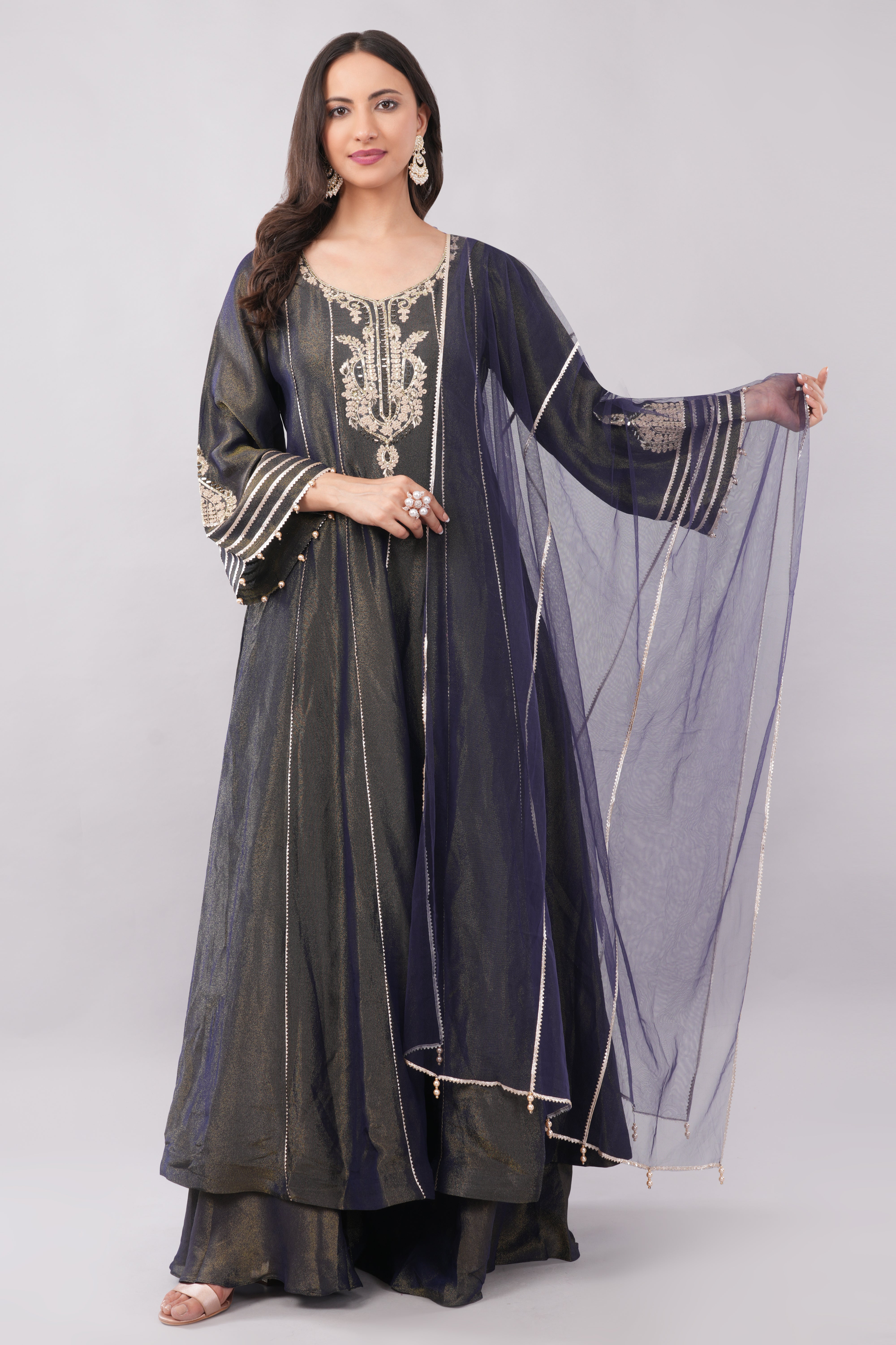 Elegant Midnight Navy Embroidered Anarkali Suit Set with Sheer Dupatta Main image