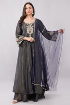 Elegant Midnight Navy Embroidered Anarkali Suit Set with Sheer Dupatta