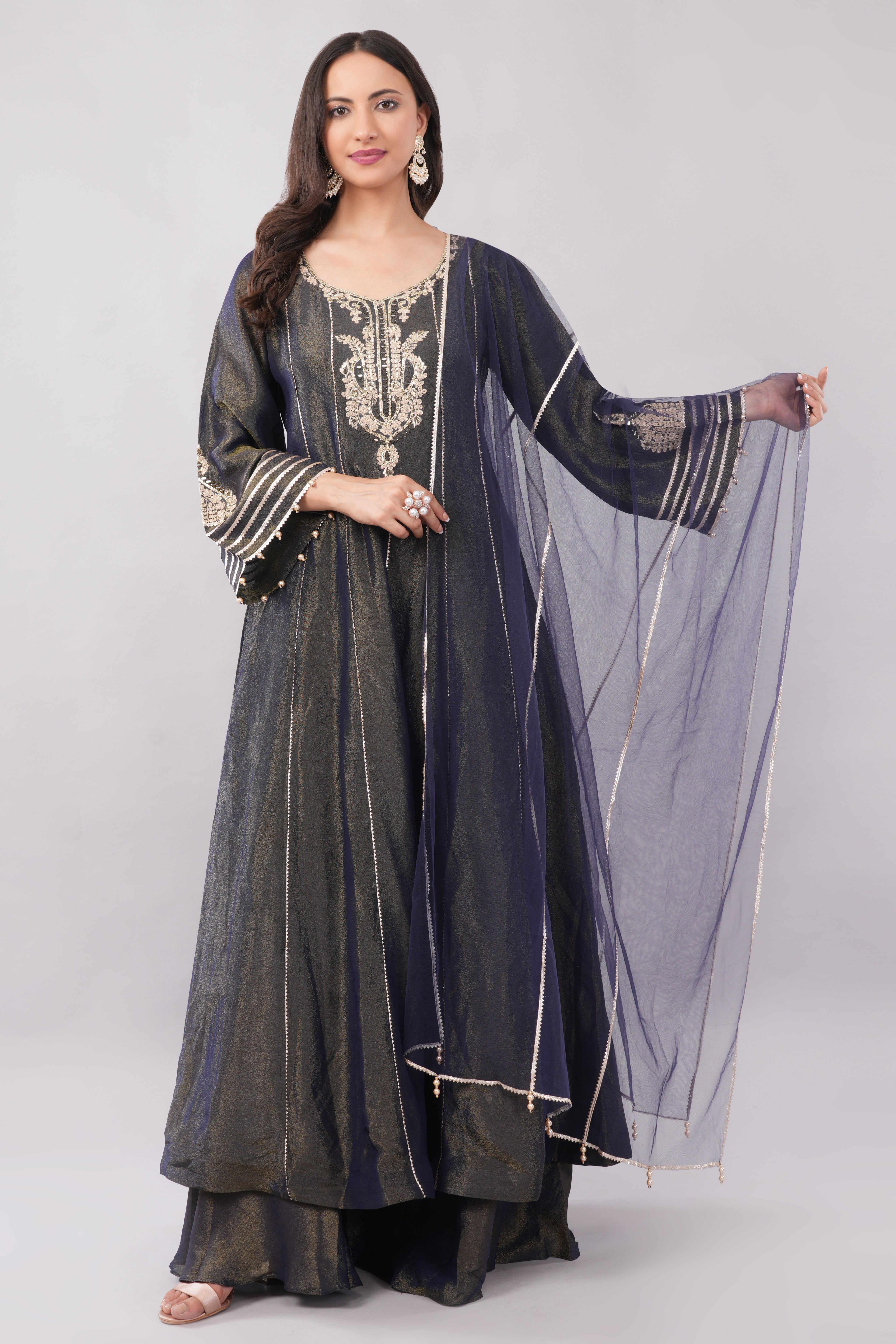 Elegant Midnight Navy Embroidered Anarkali Suit Set with Sheer Dupatta