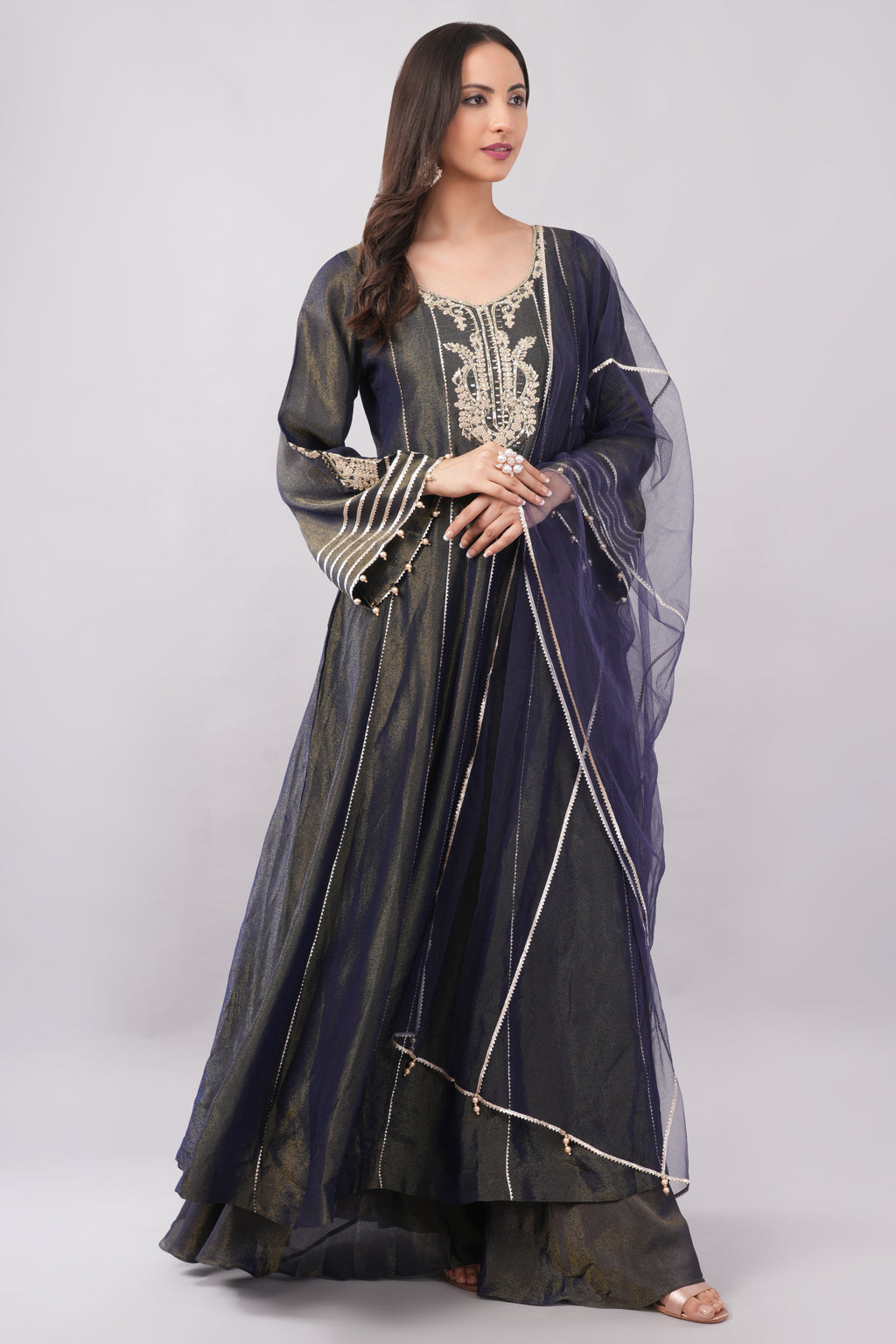 Elegant Midnight Navy Embroidered Anarkali Suit Set with Sheer Dupatta