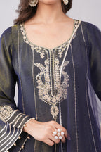Elegant Midnight Navy Embroidered Anarkali Suit Set with Sheer Dupatta