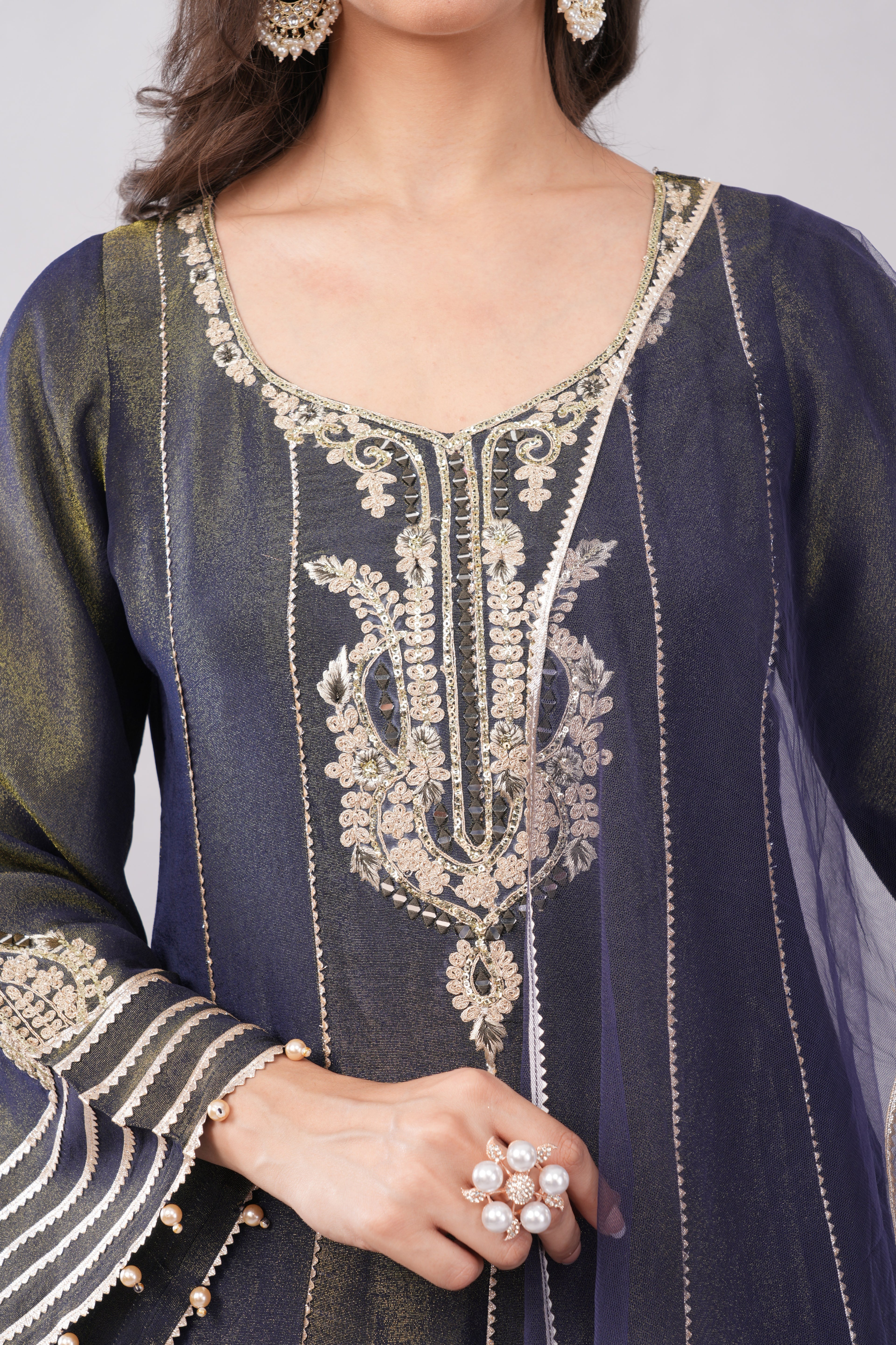 Elegant Midnight Navy Embroidered Anarkali Suit Set with Sheer Dupatta