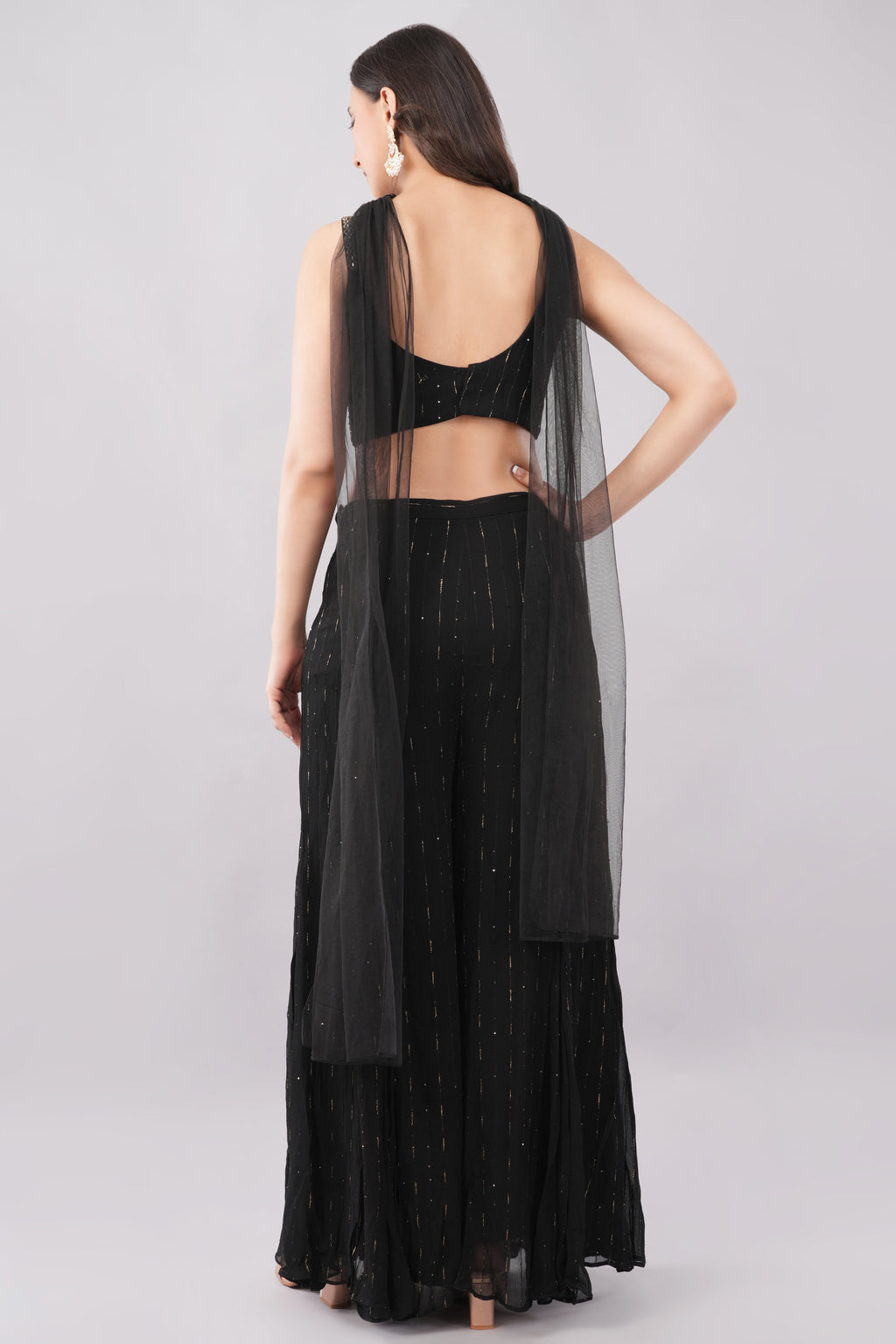 Black Palazzo Suit Set with Silver Work & Handcrafted Blouse for Women