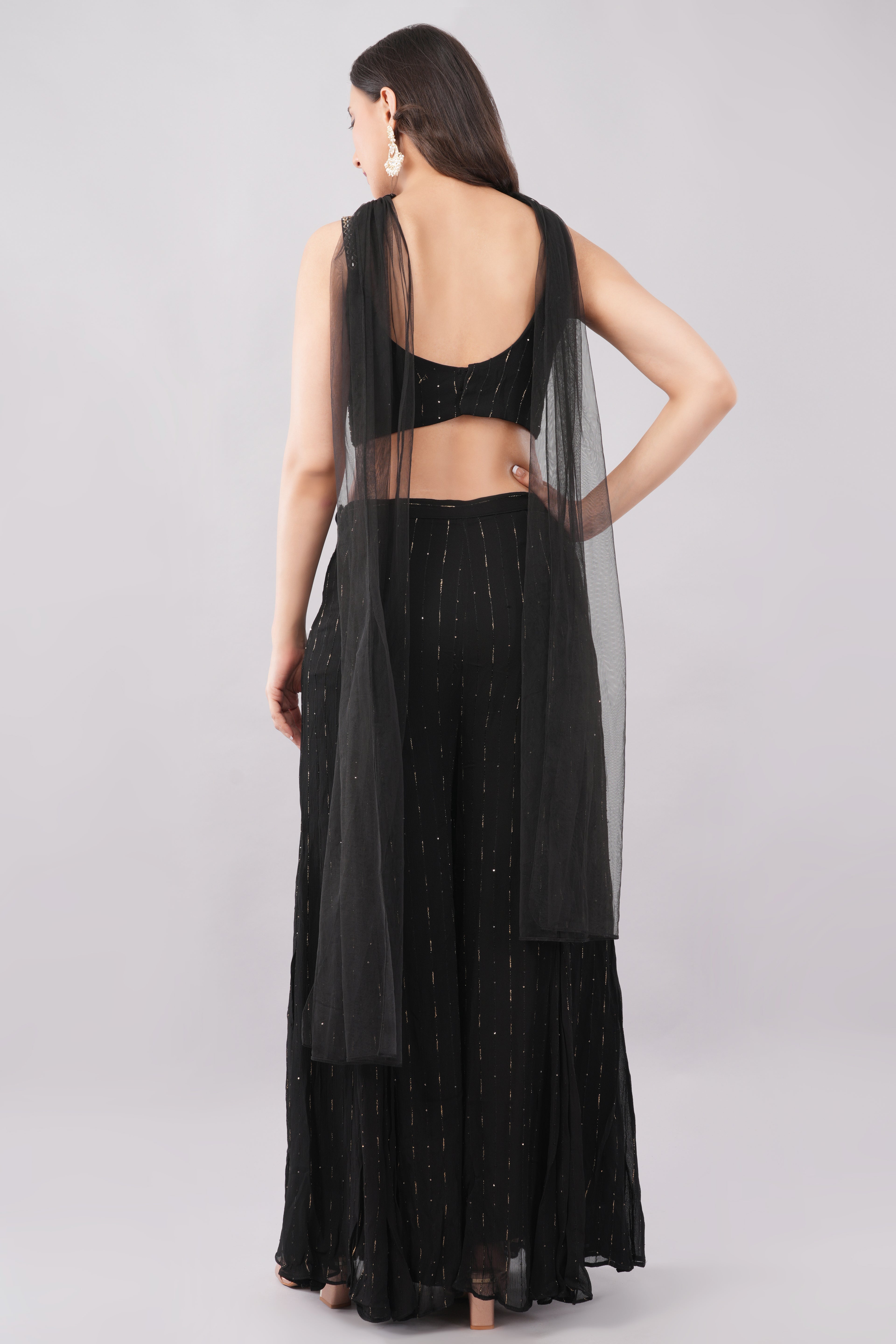 Black Palazzo Suit Set with Silver Work & Handcrafted Blouse for Women