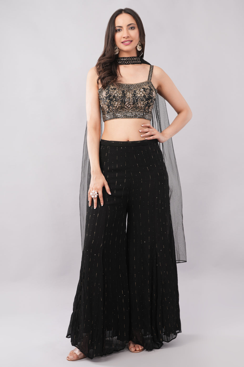 Black Palazzo Suit Set with Silver Work & Handcrafted Blouse for Women