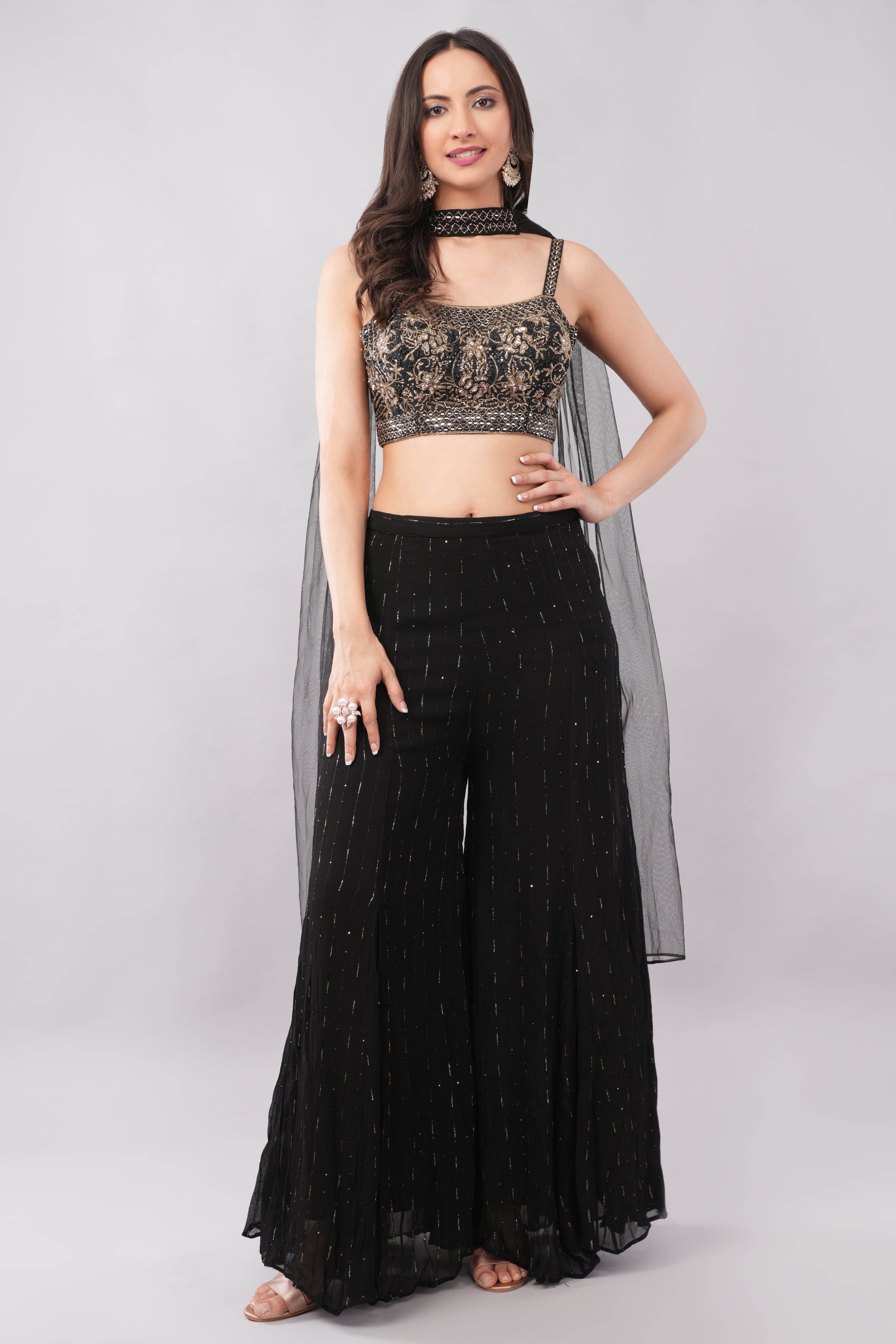 Black Palazzo Suit Set with Silver Work & Handcrafted Blouse for Women