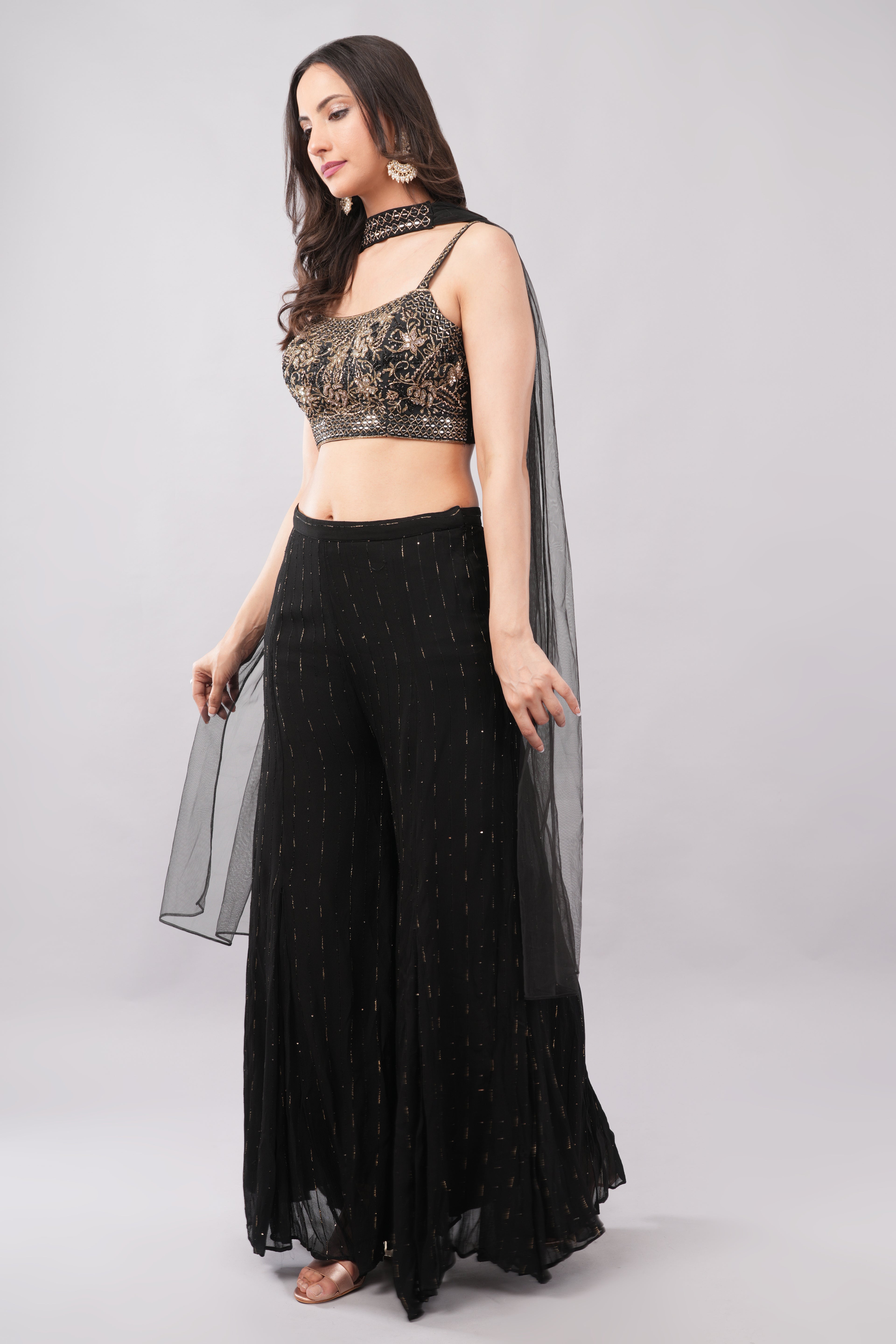 Black Palazzo Suit Set with Silver Work & Handcrafted Blouse for Women