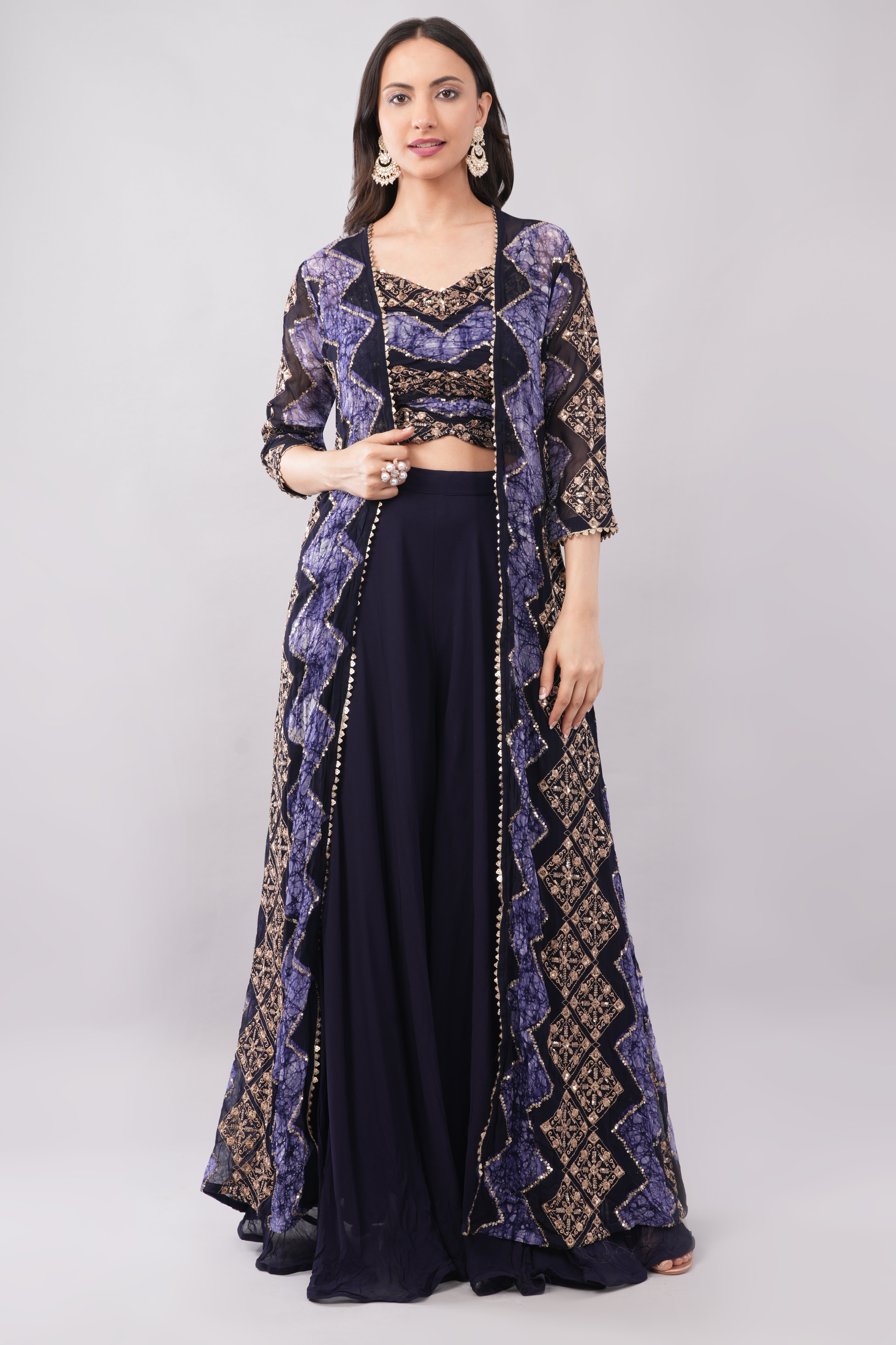Elegant Blue & Earthy Brown Three-Piece Set for Festive & Cocktail Wear Main image