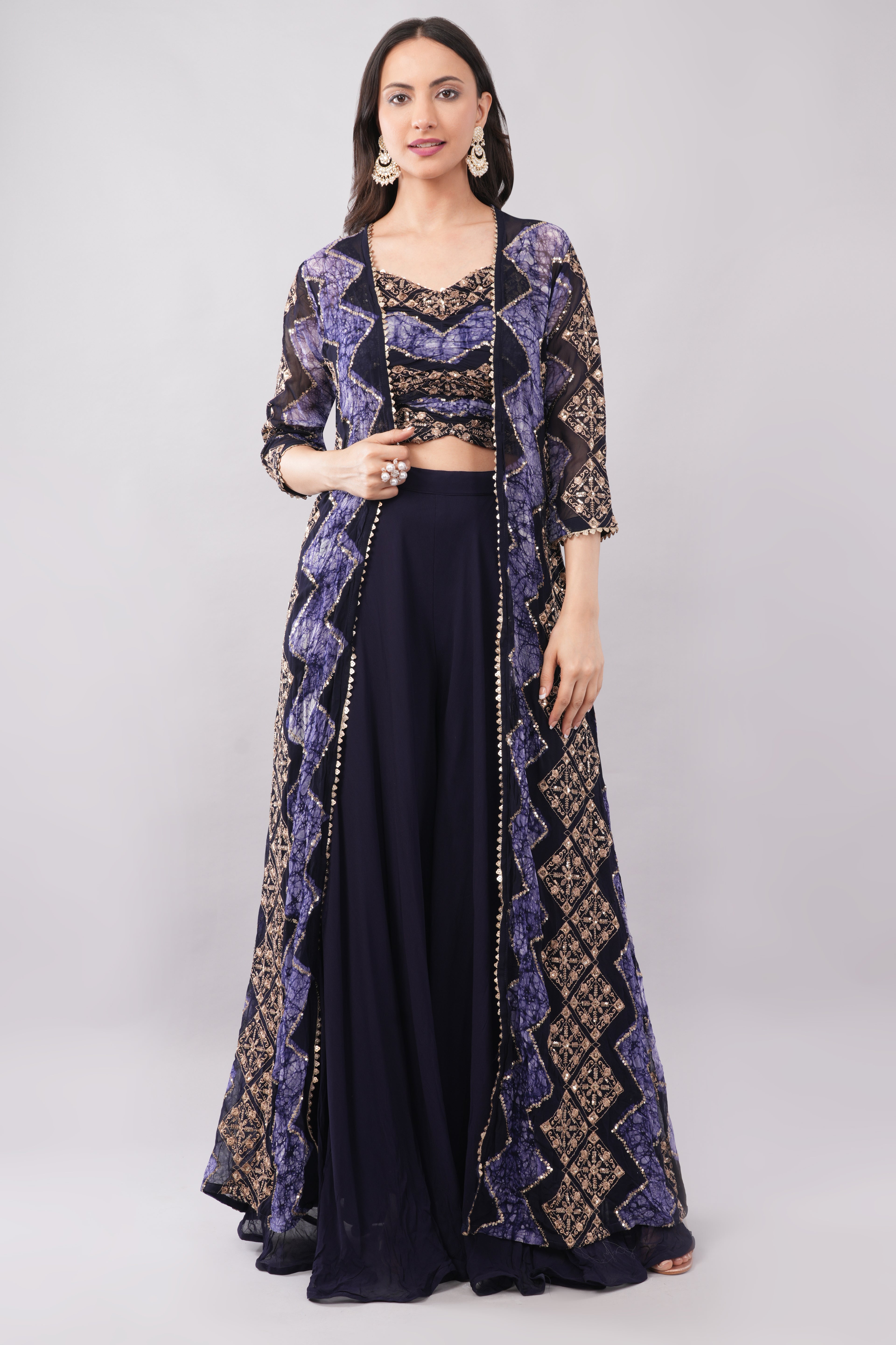 Elegant Blue & Earthy Brown Three-Piece Set for Festive & Cocktail Wear