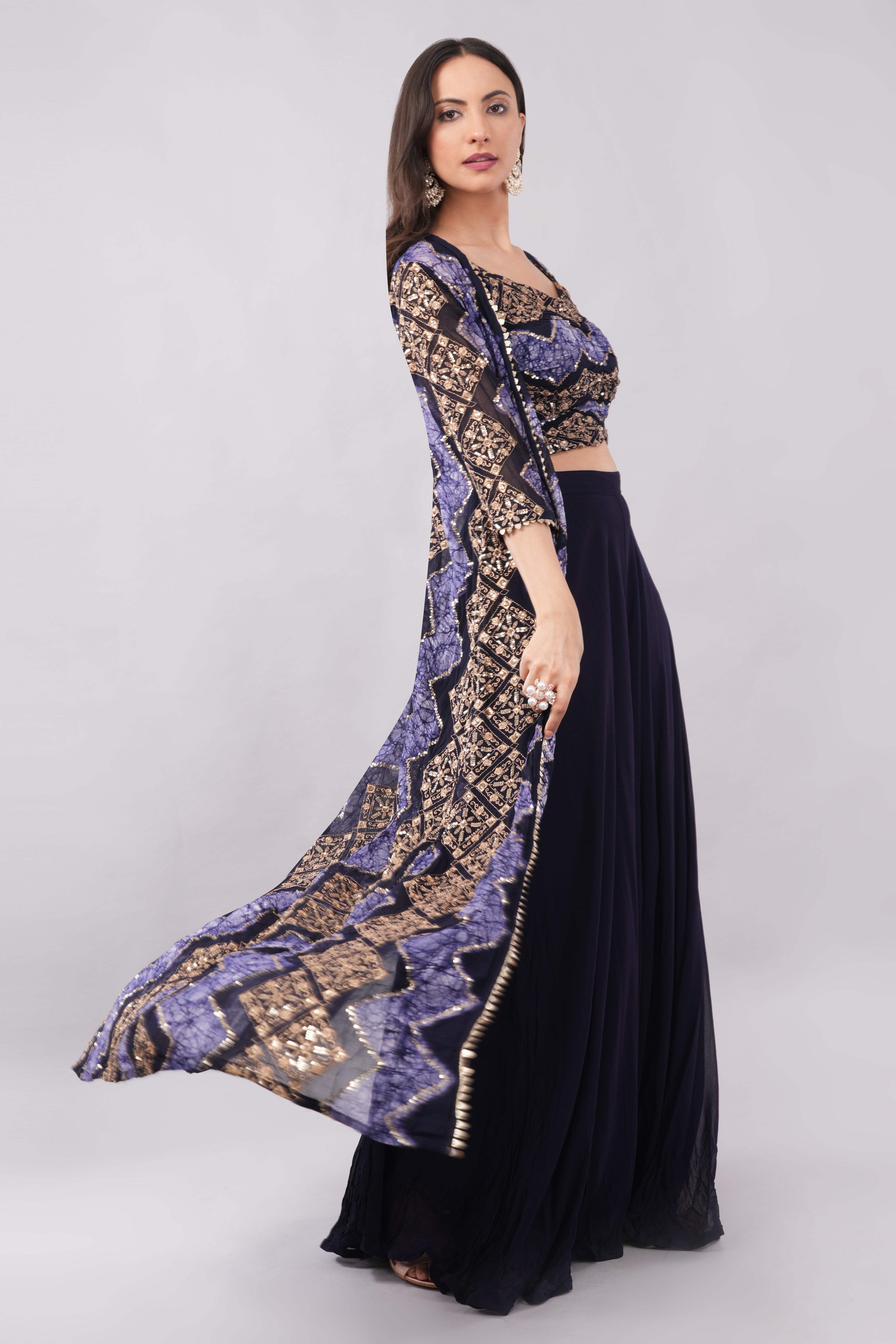 Elegant Blue & Earthy Brown Three-Piece Set for Festive & Cocktail Wear