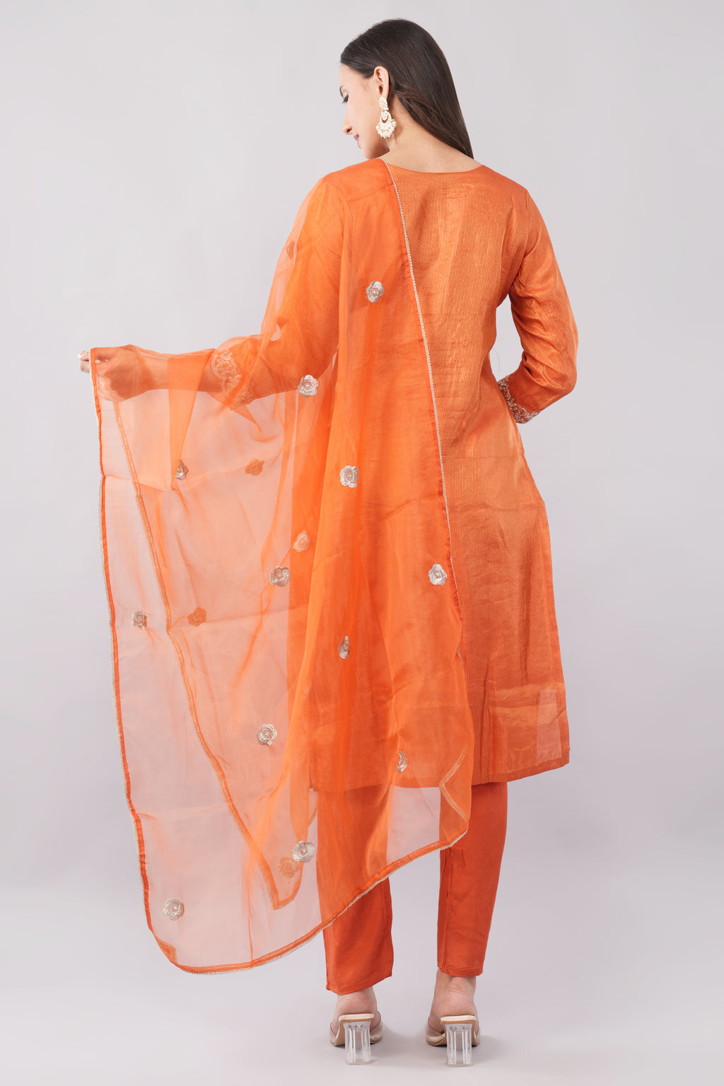 Carrot Heavy Embroidered Kurta Set with Dupatta
