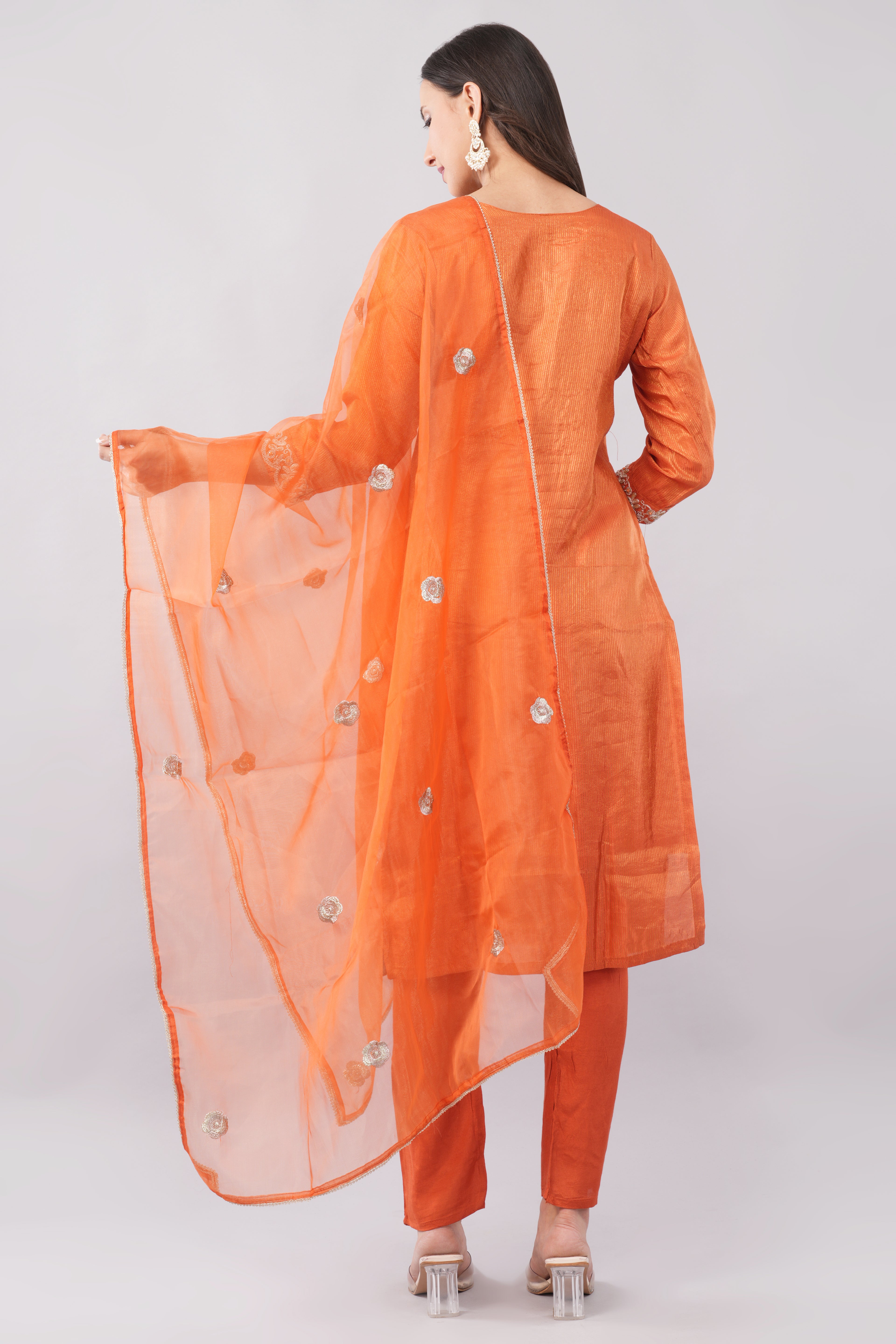 Carrot Heavy Embroidered Kurta Set with Dupatta
