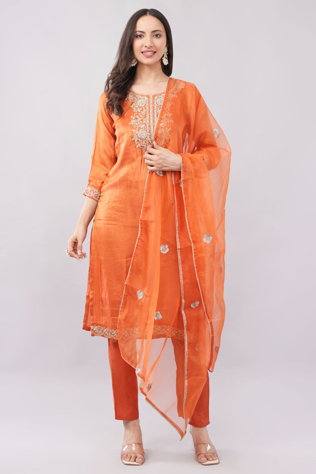 Carrot Heavy Embroidered Kurta Set with Dupatta