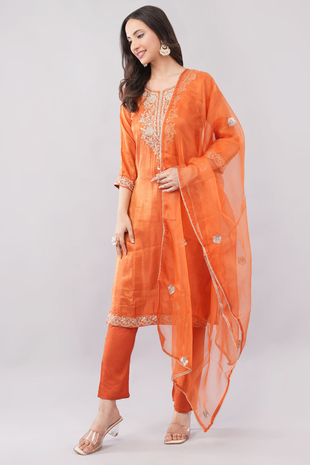 Carrot Heavy Embroidered Kurta Set with Dupatta