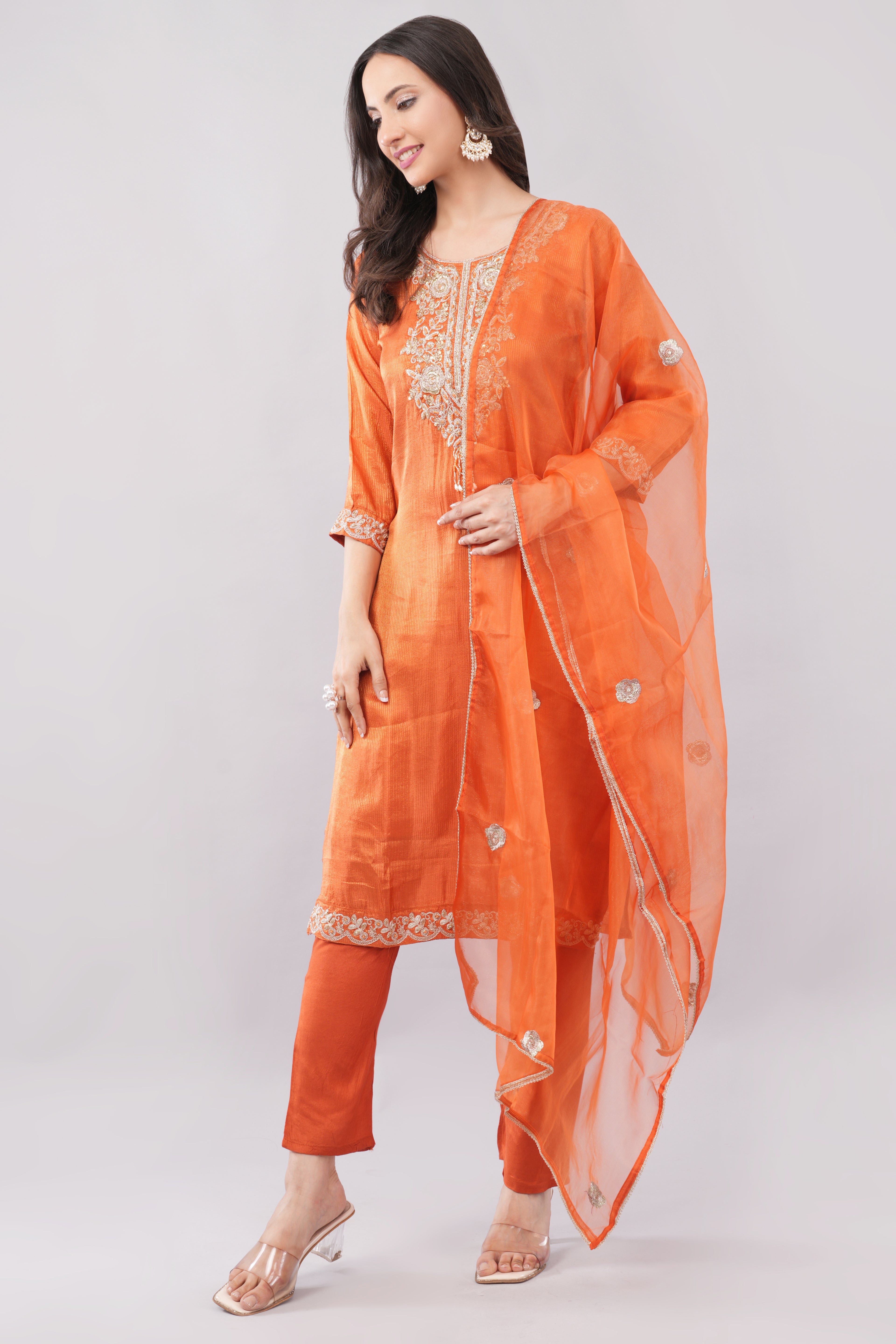 Carrot Heavy Embroidered Kurta Set with Dupatta
