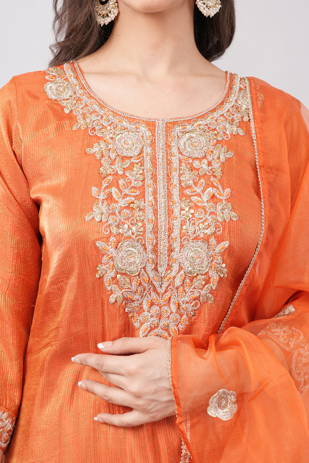 Carrot Heavy Embroidered Kurta Set with Dupatta