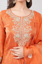 Carrot Heavy Embroidered Kurta Set with Dupatta