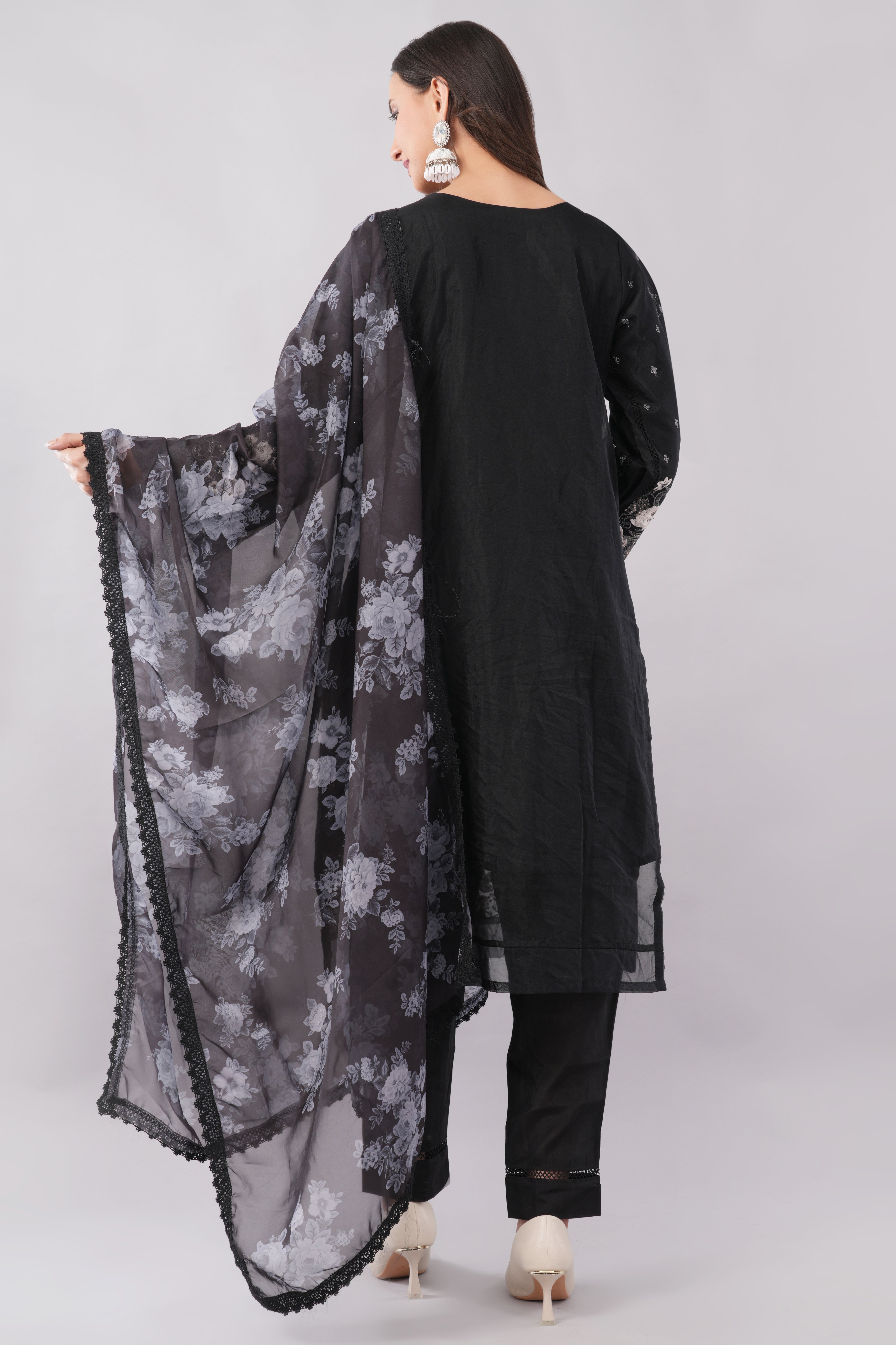 Luxury Black Organza Tunic with Slim-Fit Pants for Women