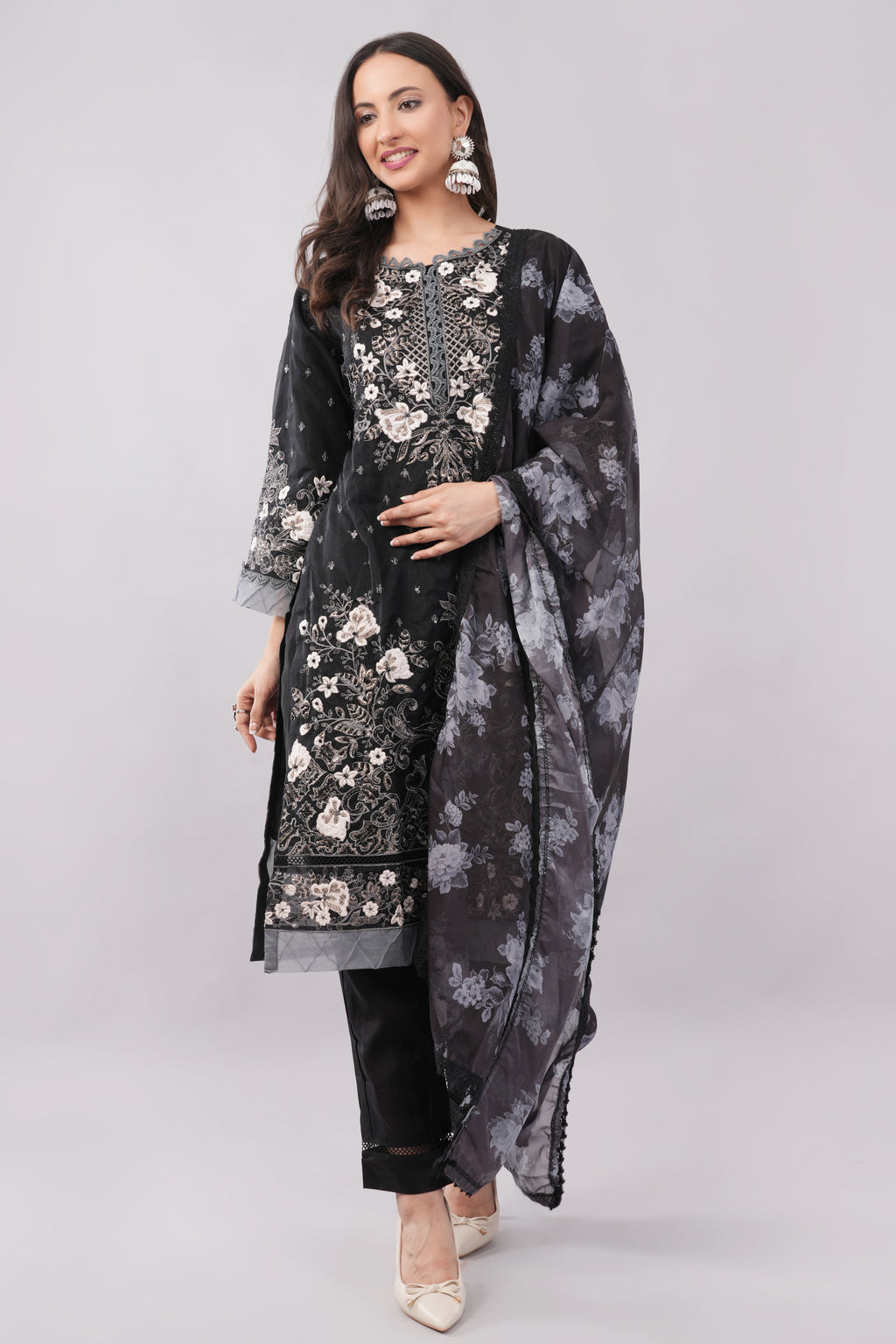 Luxury Black Organza Tunic with Slim-Fit Pants for Women