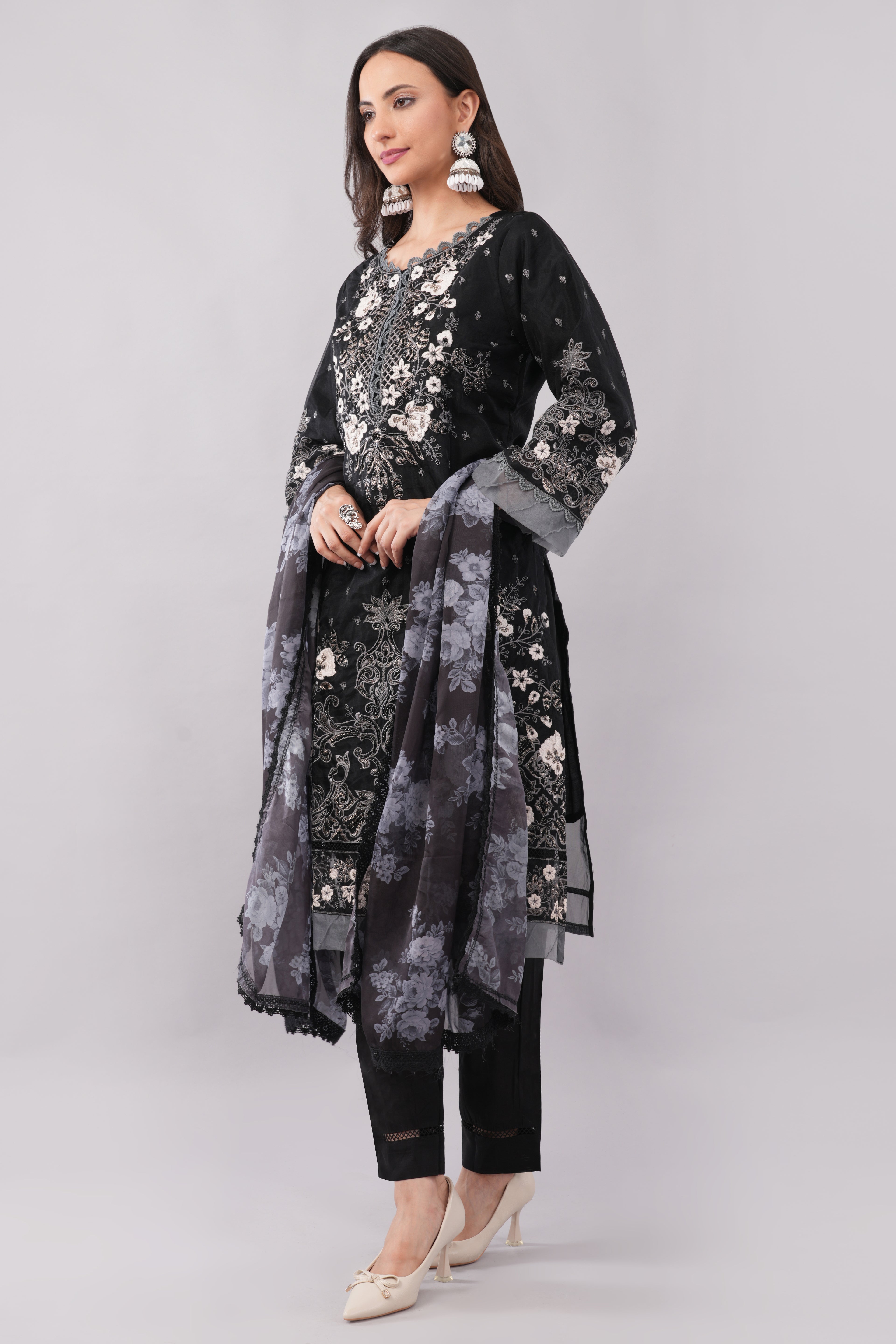 Luxury Black Organza Tunic with Slim-Fit Pants for Women