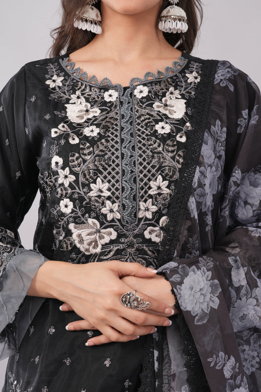 Luxury Black Organza Tunic with Slim-Fit Pants for Women