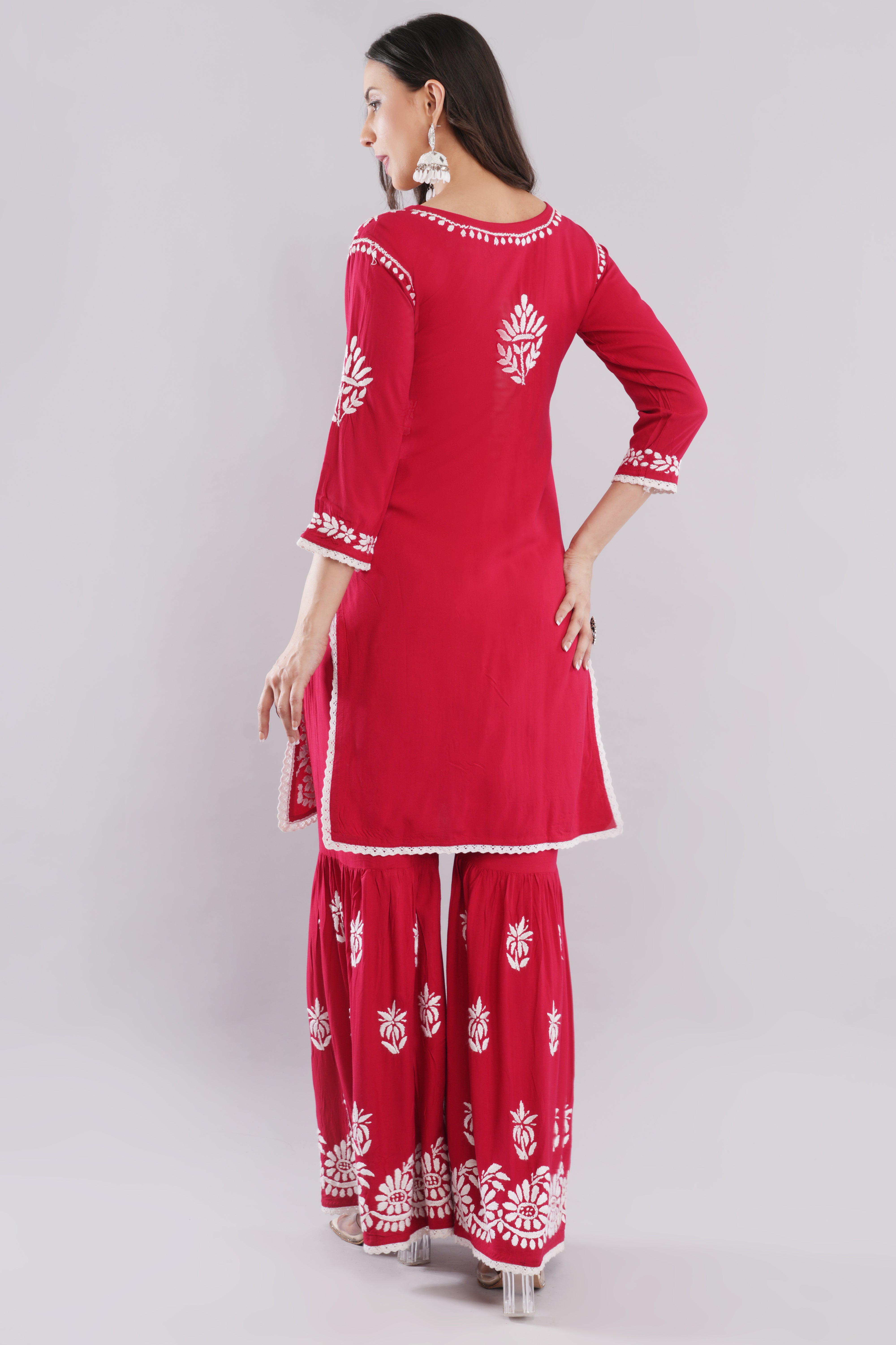 Red Floral Embroidered Kurta Set with Palazzo Secondary image