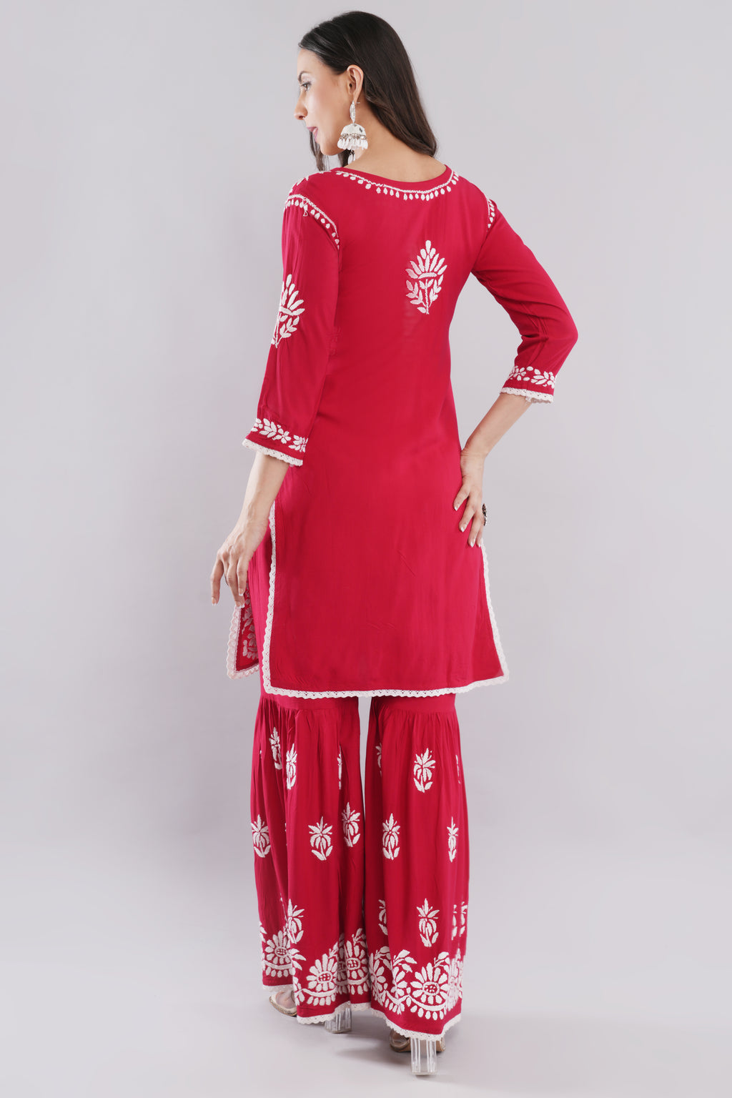 Red Floral Embroidered Kurta Set with Palazzo