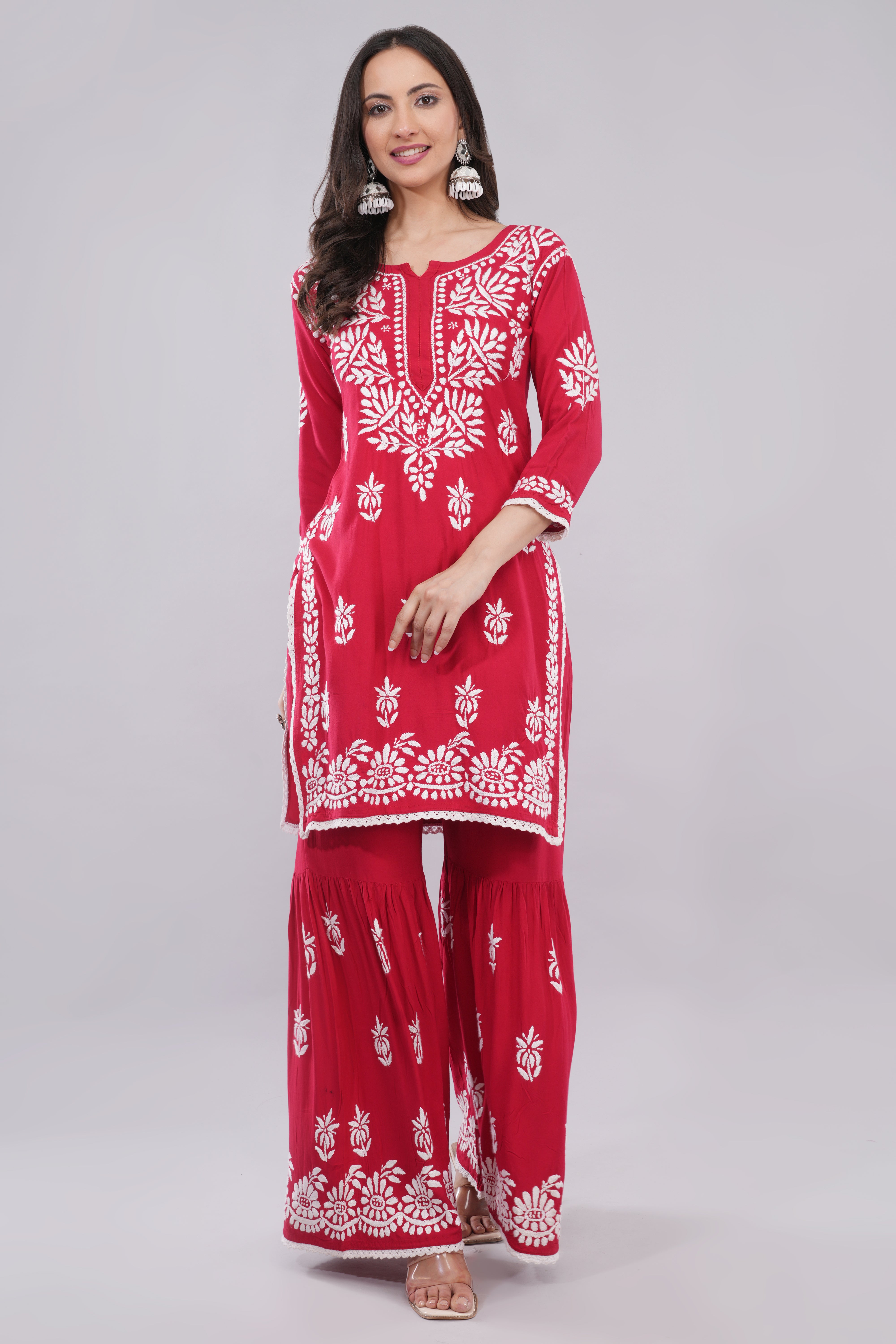 Red Floral Embroidered Kurta Set with Palazzo Main image