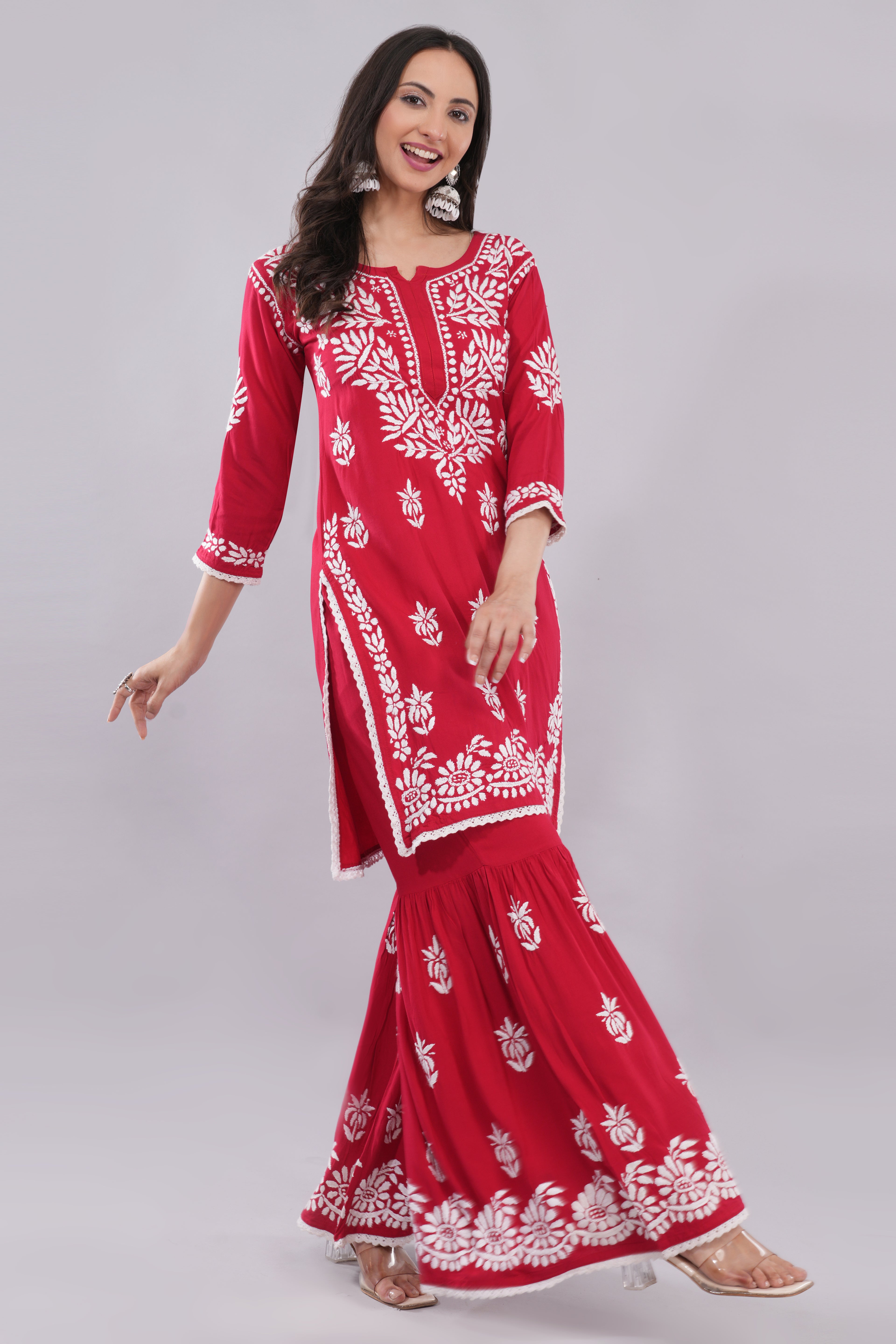 Red Floral Embroidered Kurta Set with Palazzo
