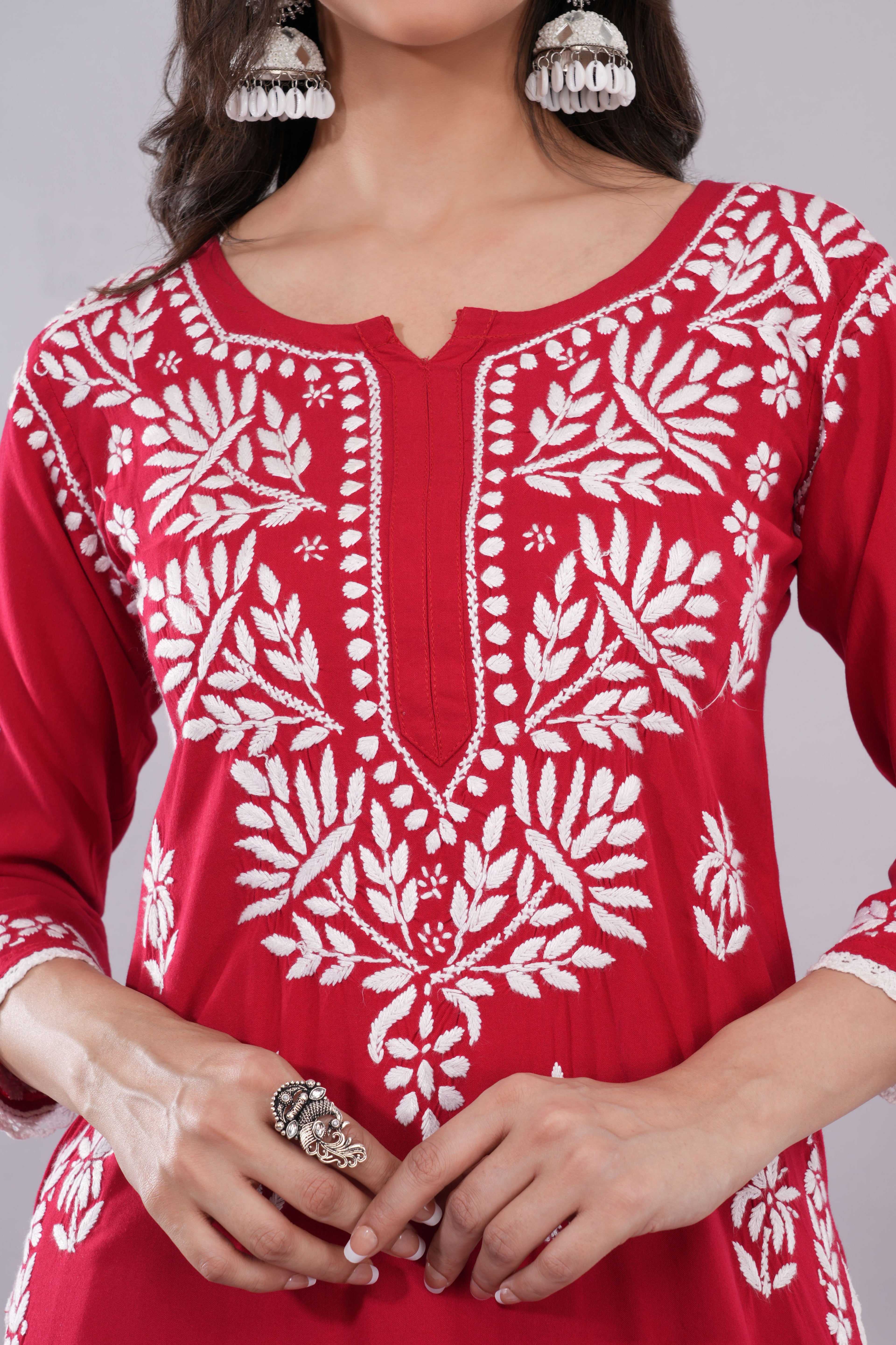 Red Floral Embroidered Kurta Set with Palazzo