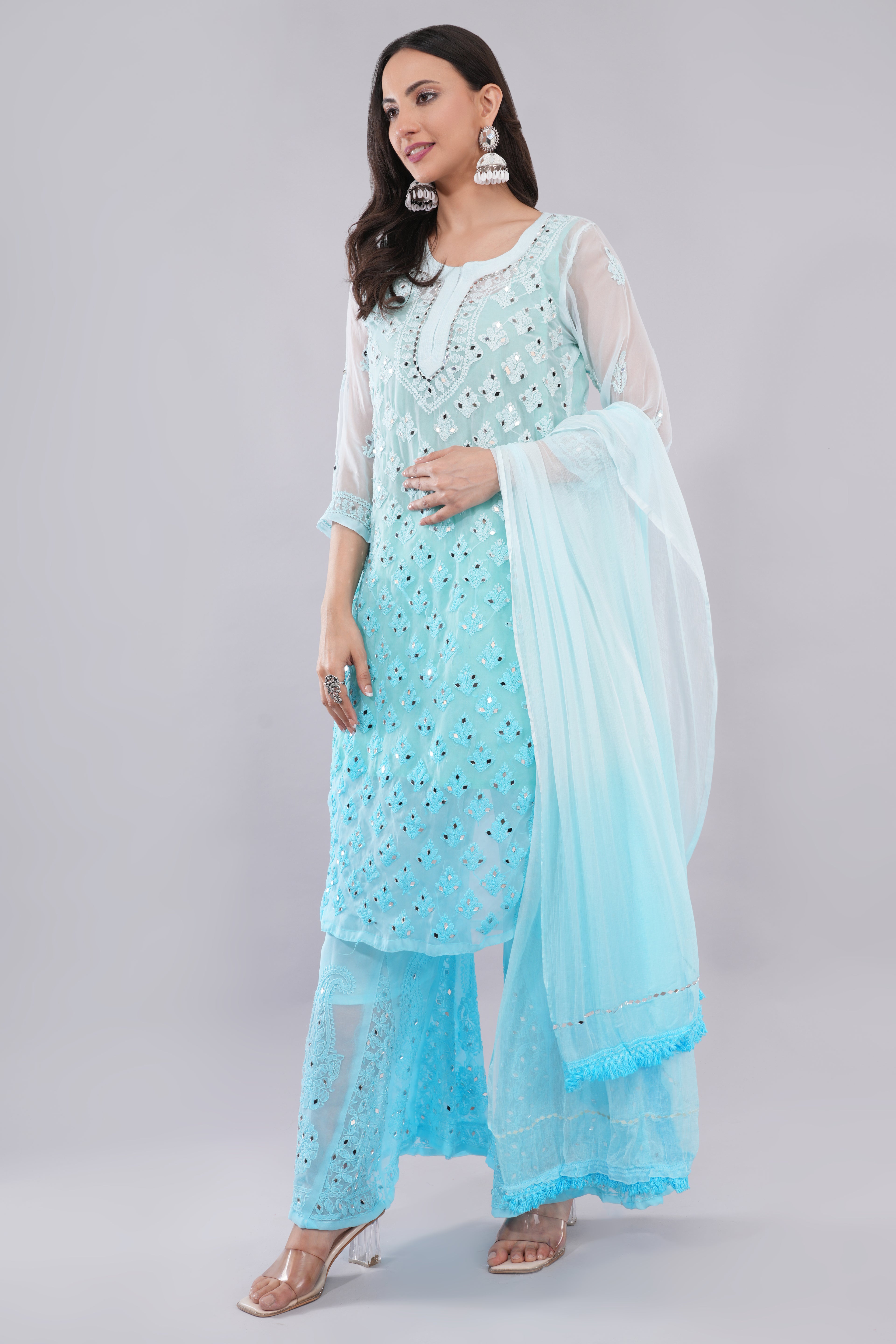 Light Blue Faux Georgette Sharara Set with Mirror & Thread Work for Women