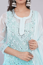 Light Blue Faux Georgette Sharara Set with Mirror & Thread Work for Women
