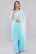 Light Blue Faux Georgette Sharara Set with Mirror & Thread Work for Women