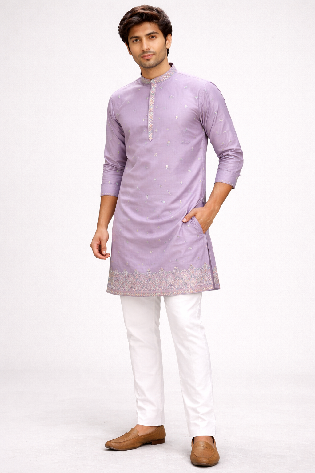 Men’s Embroidered Kurta with Ethnic Border – Light Lavender Grey