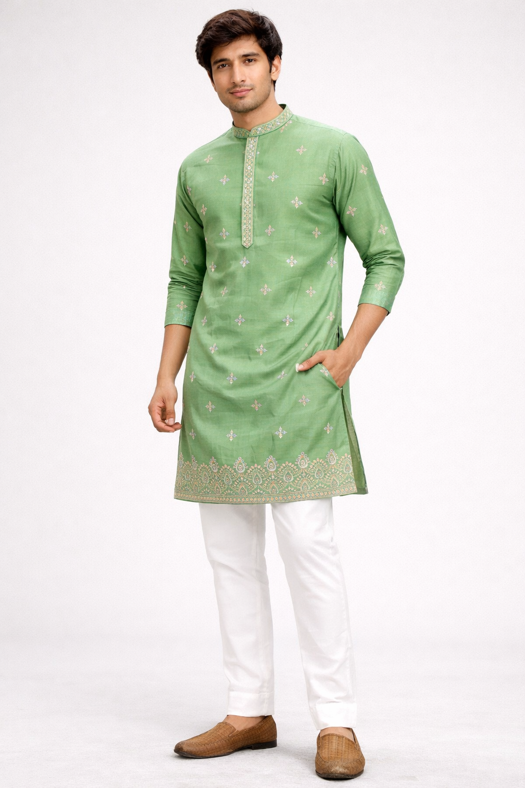 Men’s Embroidered Kurta with Ethnic Border – Sage Green