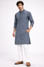 Men’s Printed Kurta with Geometric Pattern – Navy Blue & White