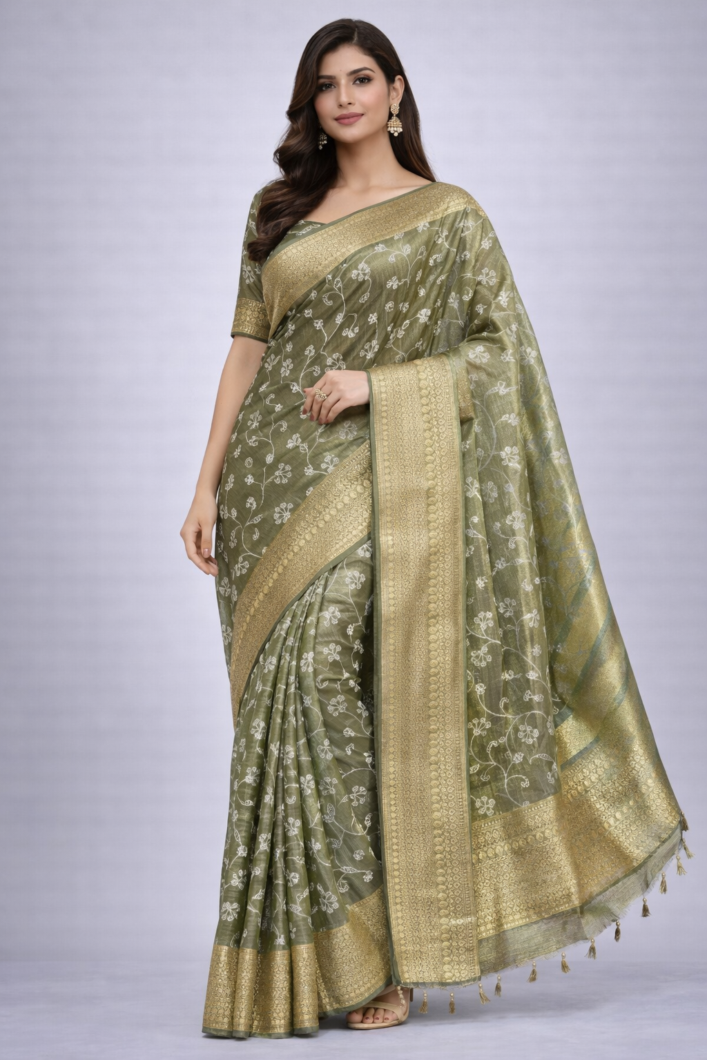 Banaras Tissue katan Silk Saree With Allover fancy Resham chikankari design
