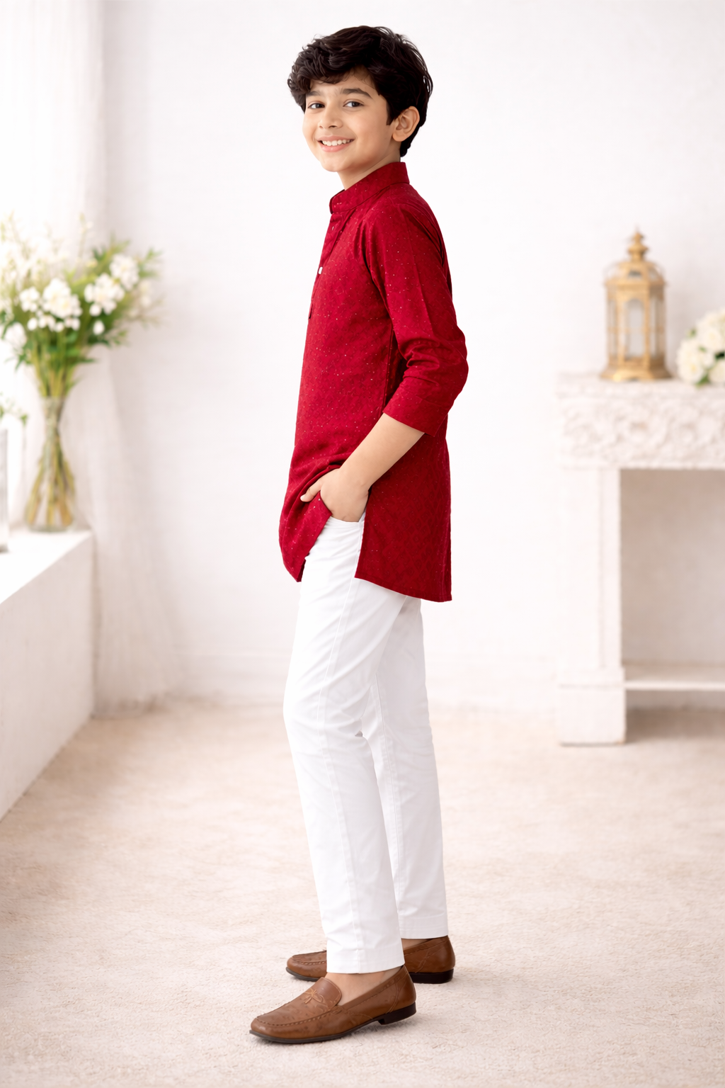 Boys Embroidered Kurta Set with Sequin Work (White Pant Included)