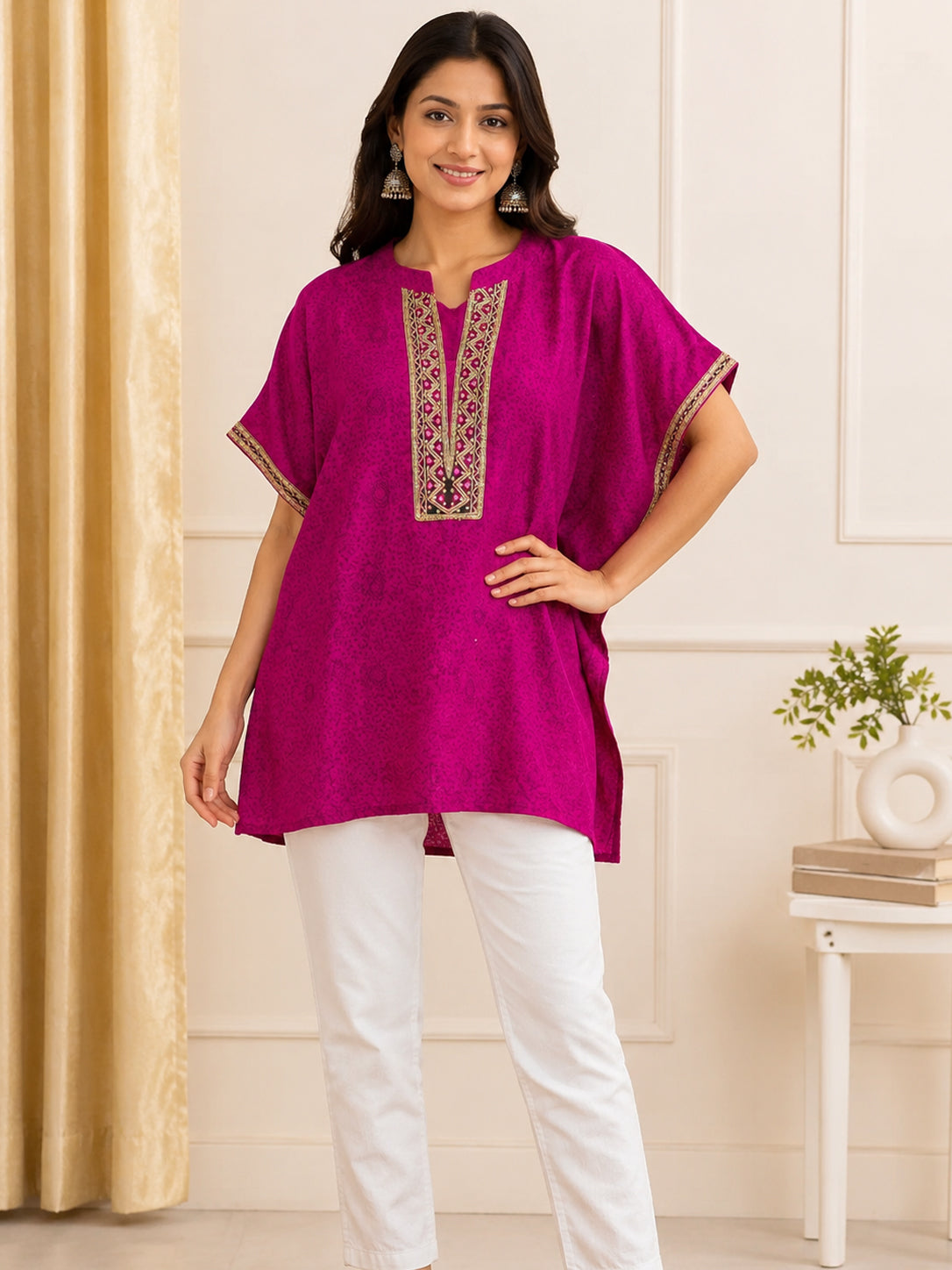 Magenta Pure Silk Tunic for Women – Designer Party Wear Tunic with Hand Work