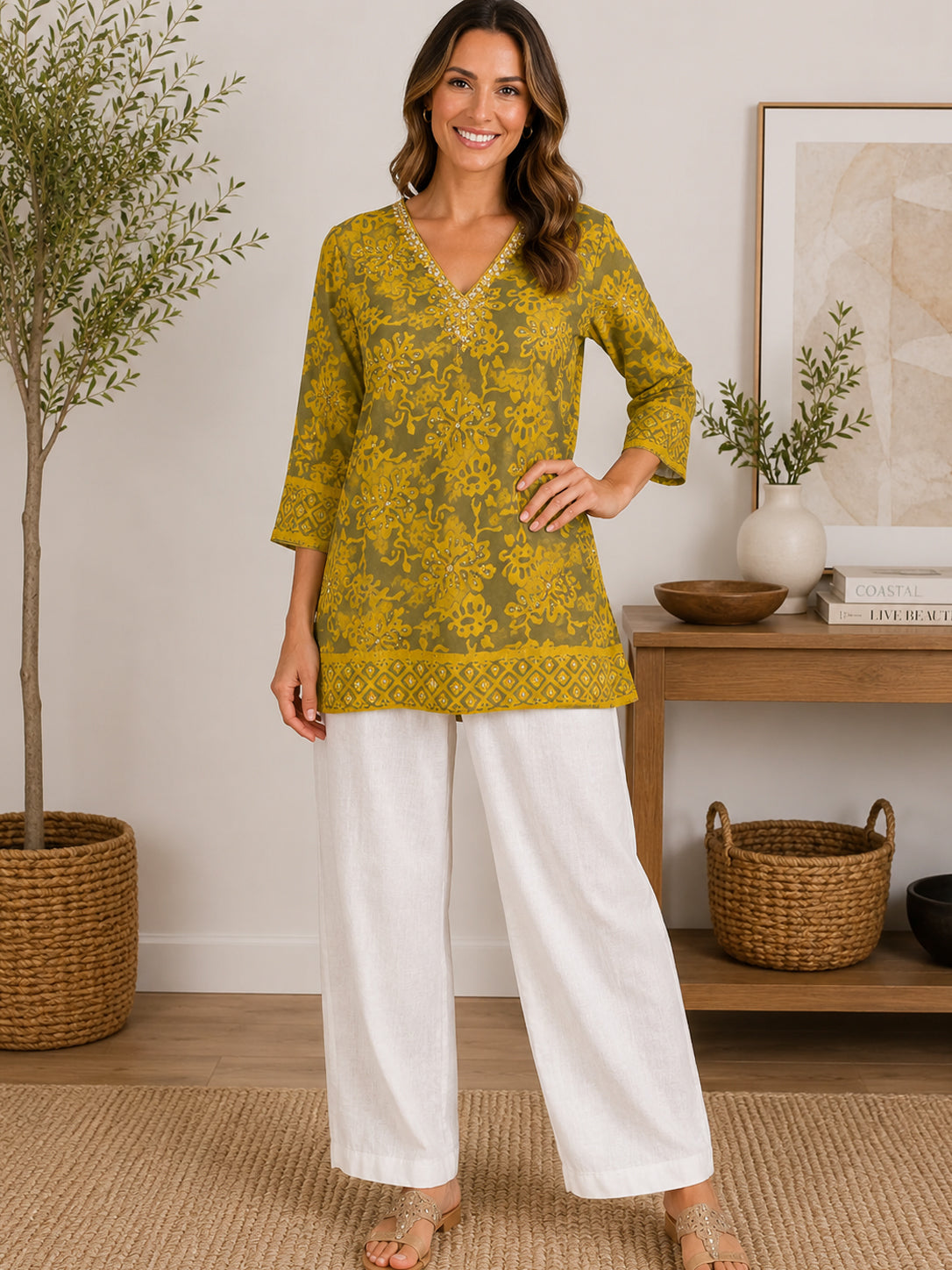 Olive Green Designer Crape Tunic for Women with Sequence & Stone Work Main image