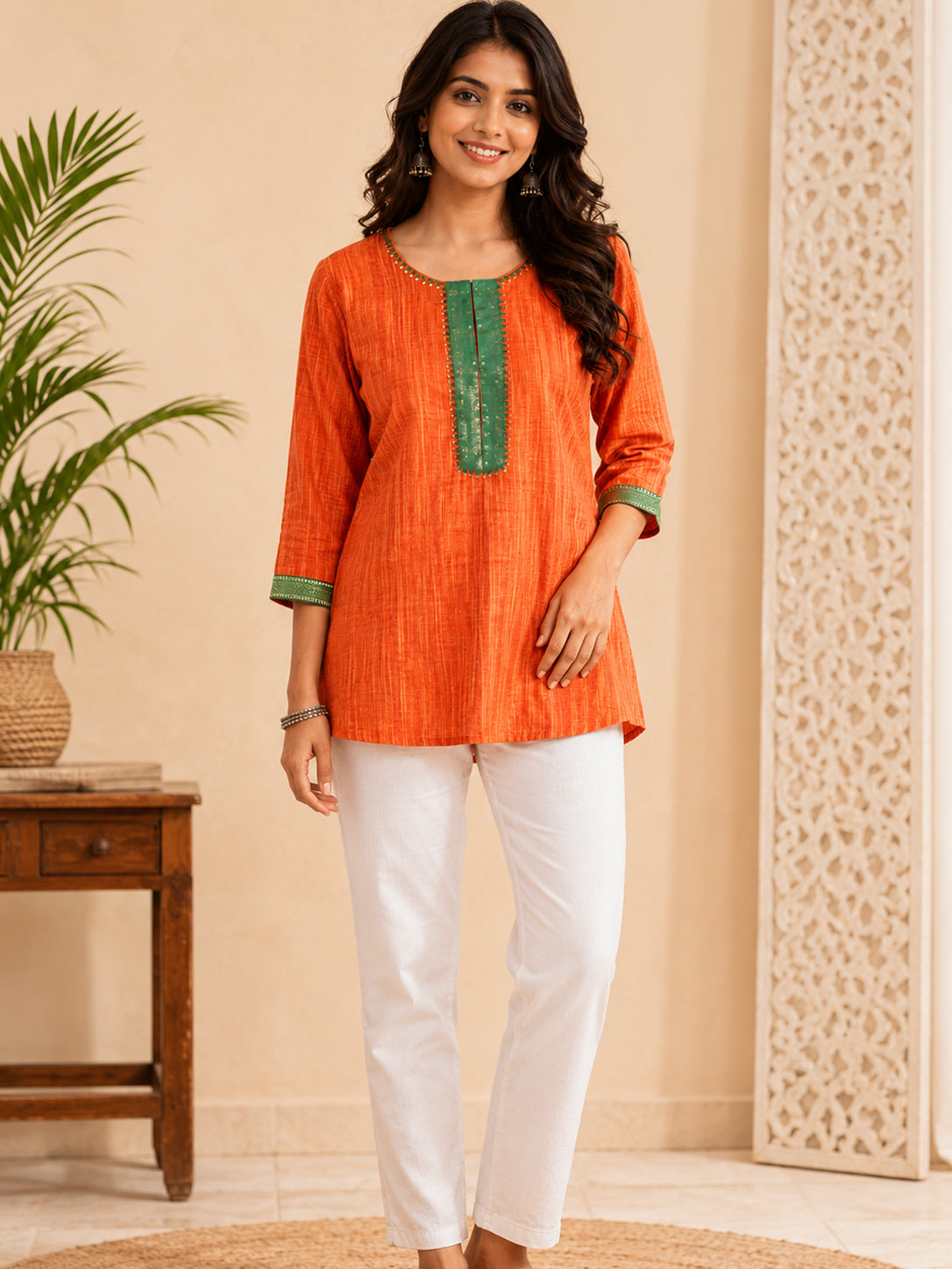 Orange Cotton Silk Tunic for Women – Elegant Casual Ethnic Tunic Main image