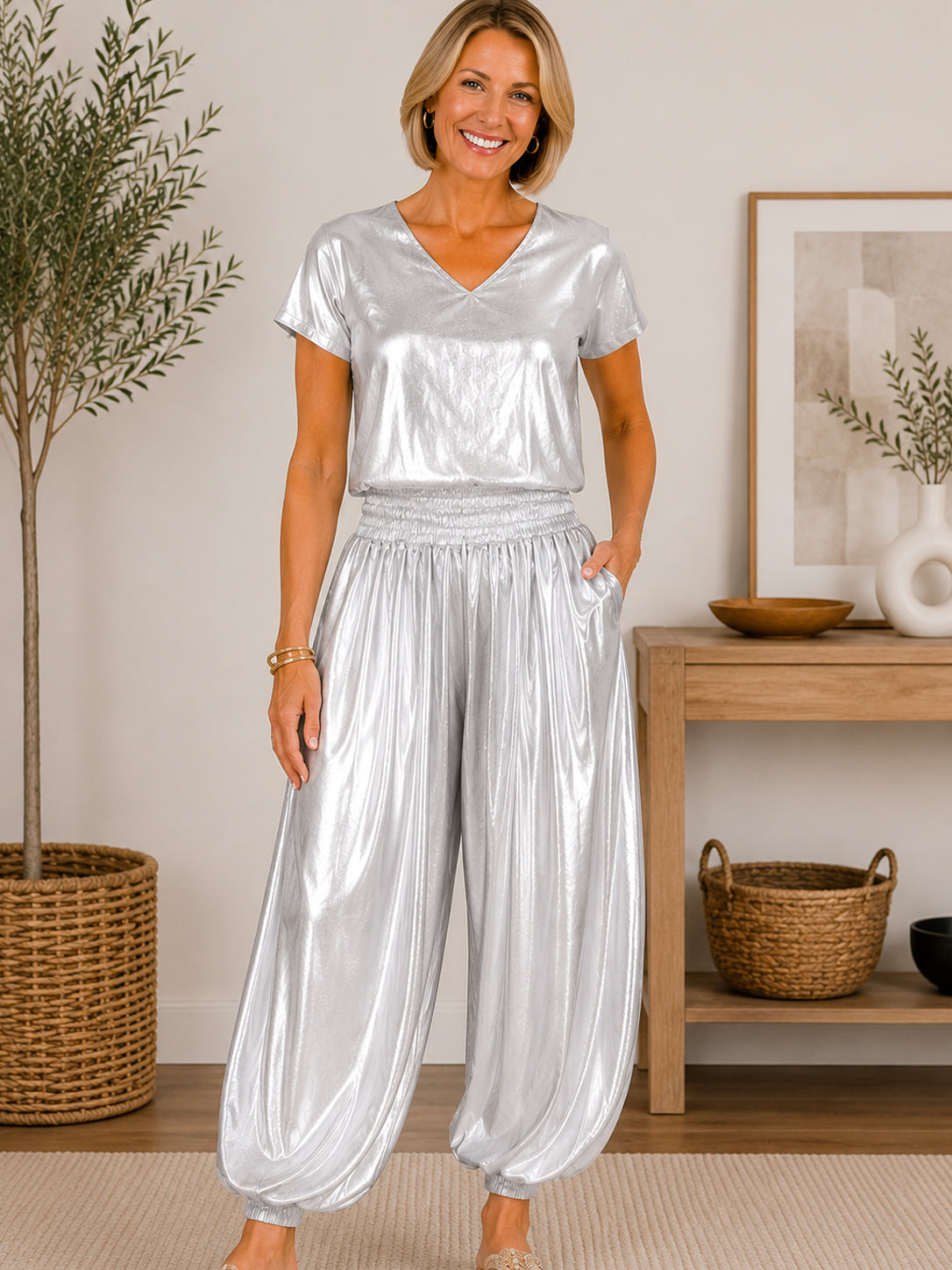 Silver Dhoti Style Pants for Women – Shiny Draped Casual & Party Wear Bottom