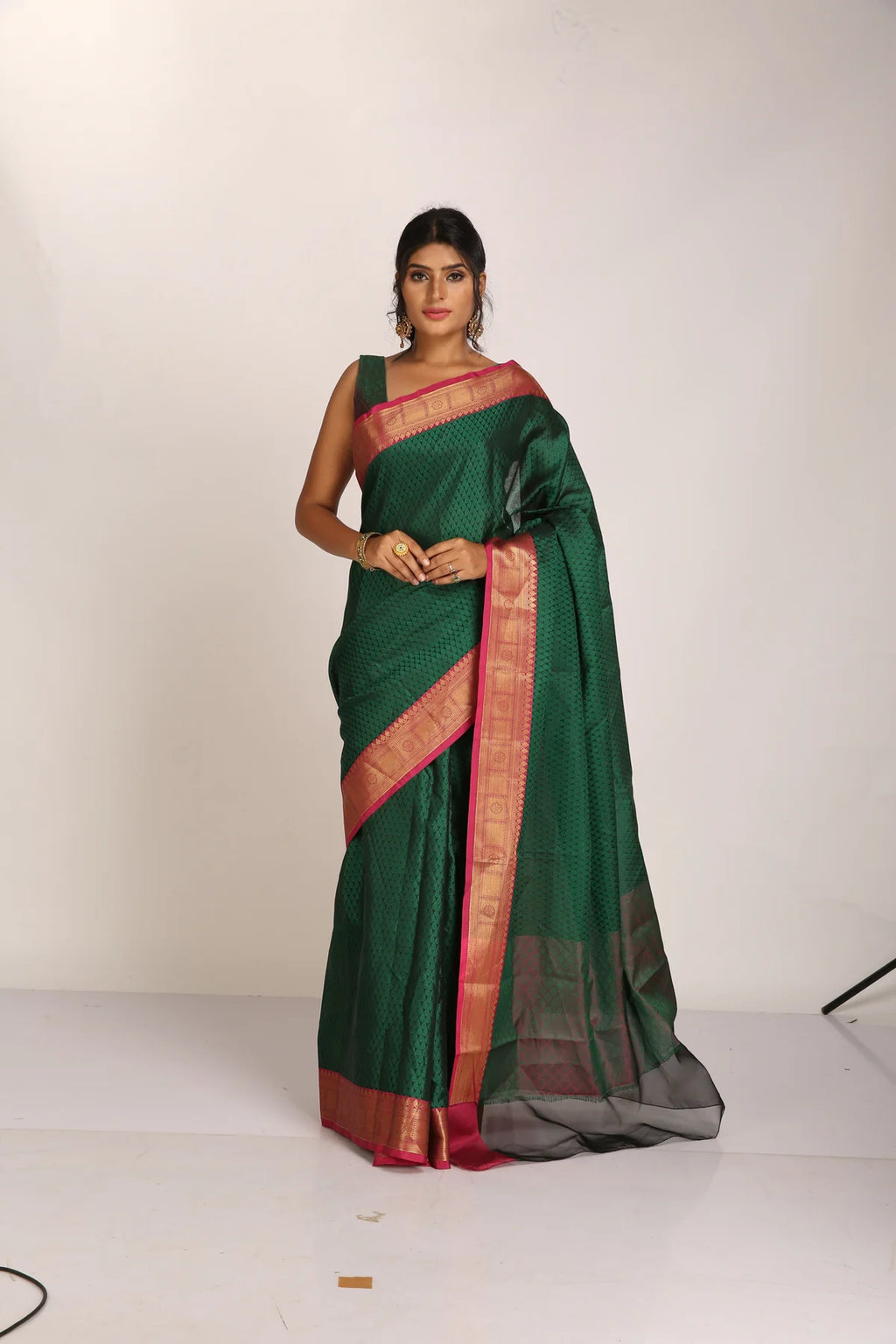 Saree in Green Silk in Self Print and Zari Weaving Border