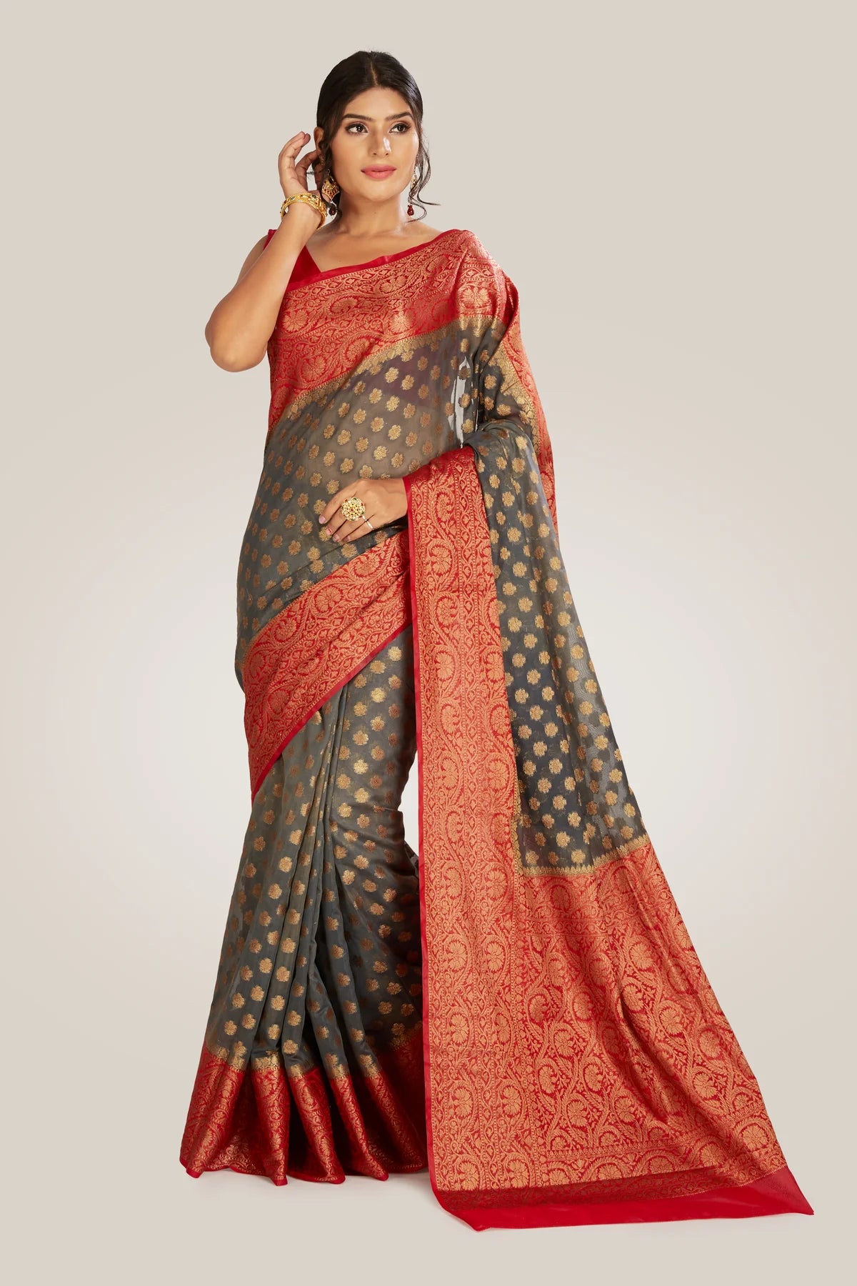 Saree in ash gray and red with resham and zari on tissue Main image