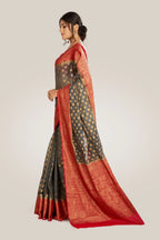 Saree in ash gray and red with resham and zari on tissue