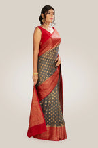 Saree in ash gray and red with resham and zari on tissue