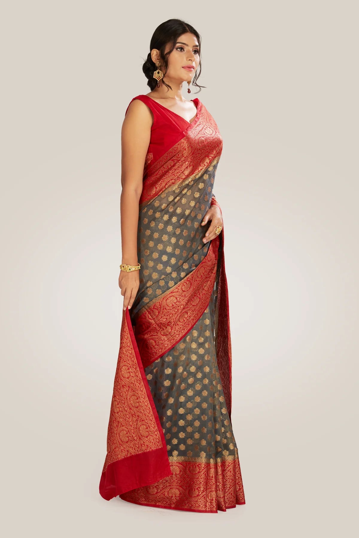 Saree in ash gray and red with resham and zari on tissue