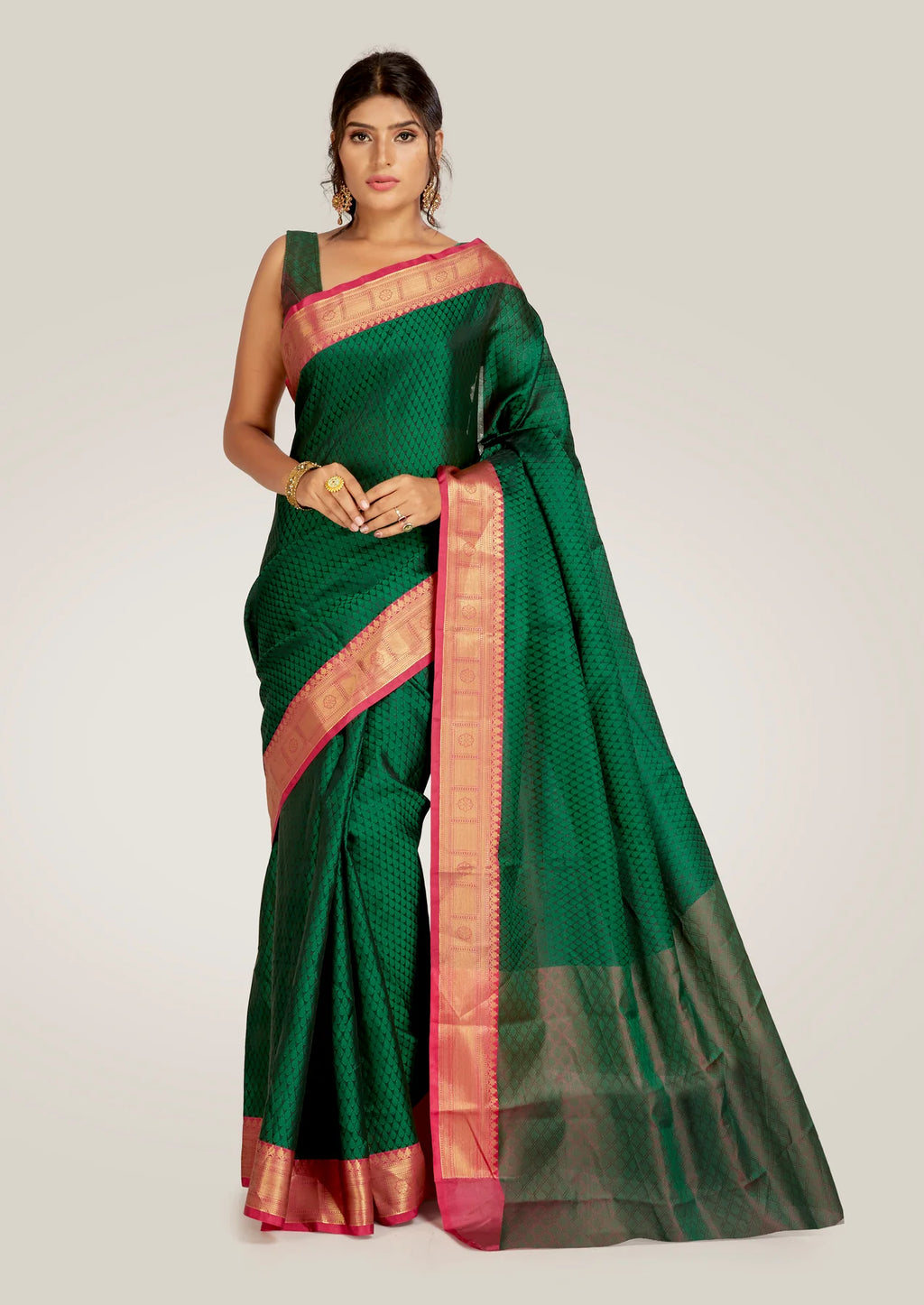 Saree in Green Silk in Self Print and Zari Weaving Border