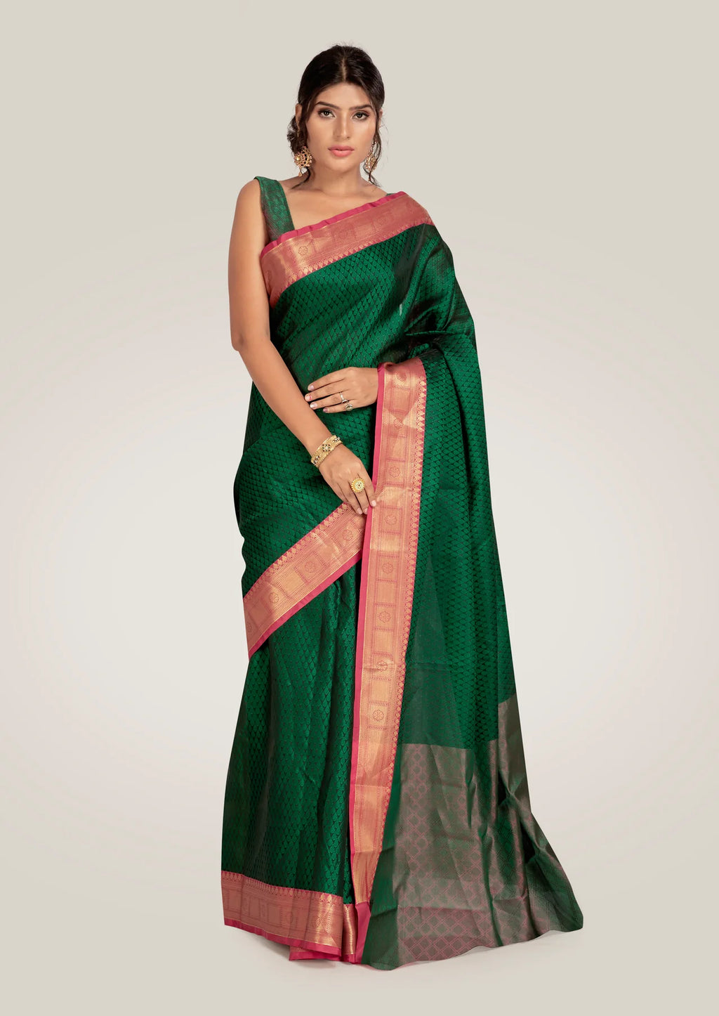 Saree in Green Silk in Self Print and Zari Weaving Border